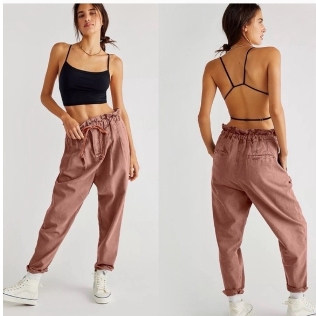 Free People Margate Pleated Trouser Pants Dusty Rose Paperbag Waist Drawstring S