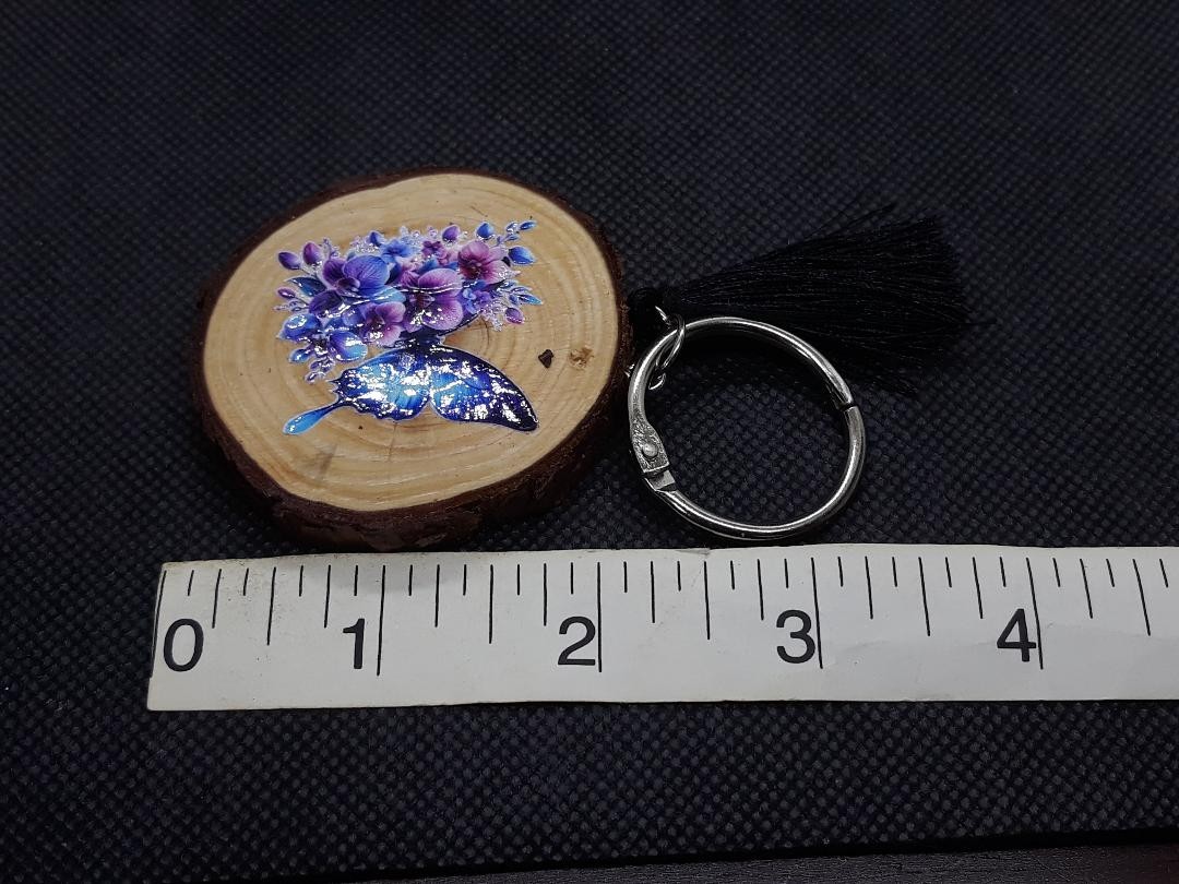 Beautiful Handmade Flowers & Butterfly Wood Round Keychain Tag Key Ring