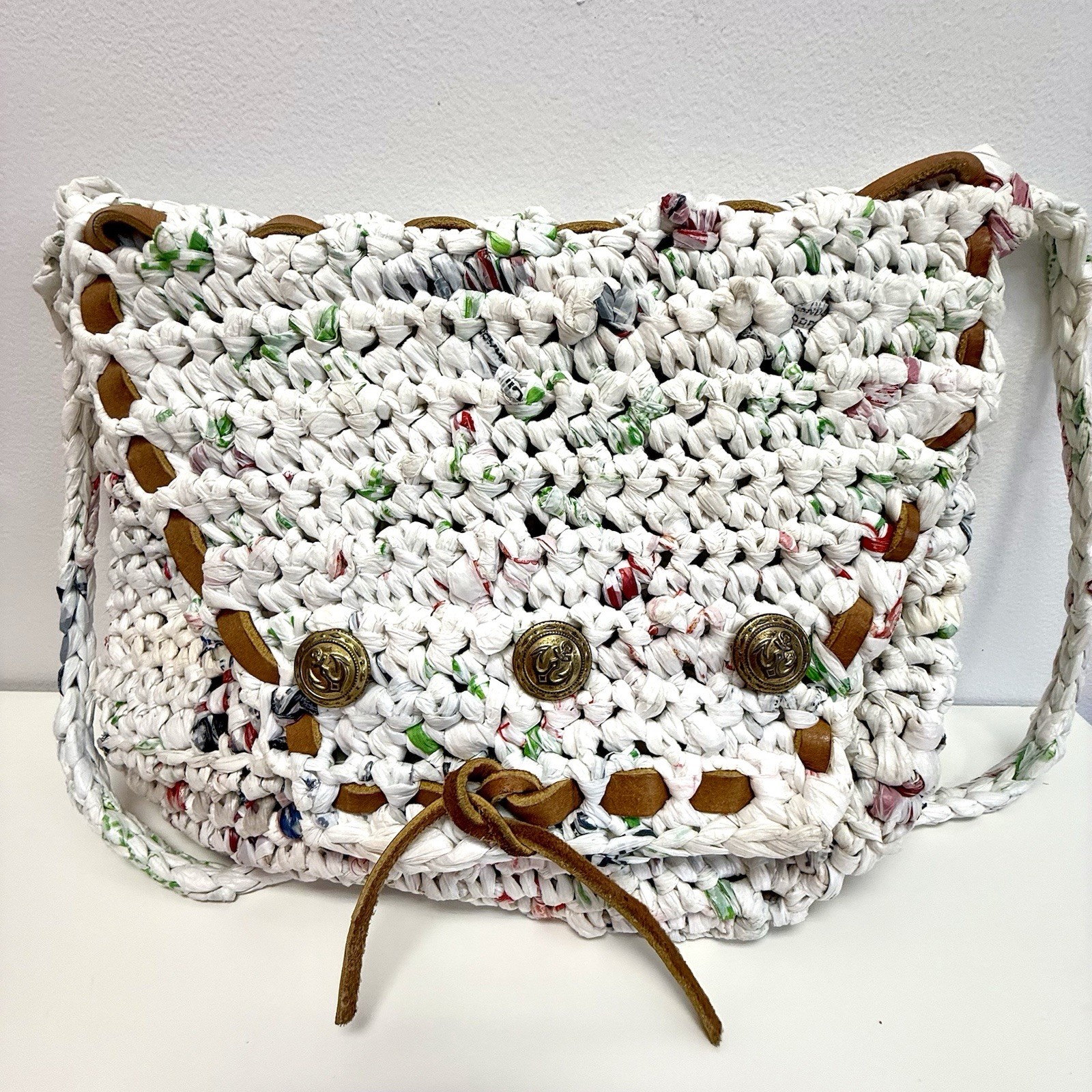 Handmade Recycled Woven Plastic Grocery Bag Tote Eco Friendly Upcycled Purse