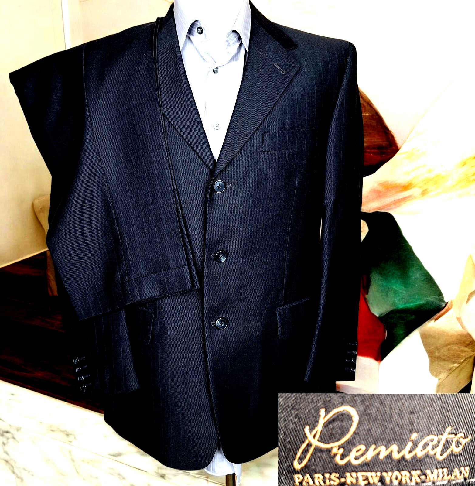 Premiato 2 Piece Suit Mens 40S 36X28 Black Stripe 3 Botton Double Vented Wool
