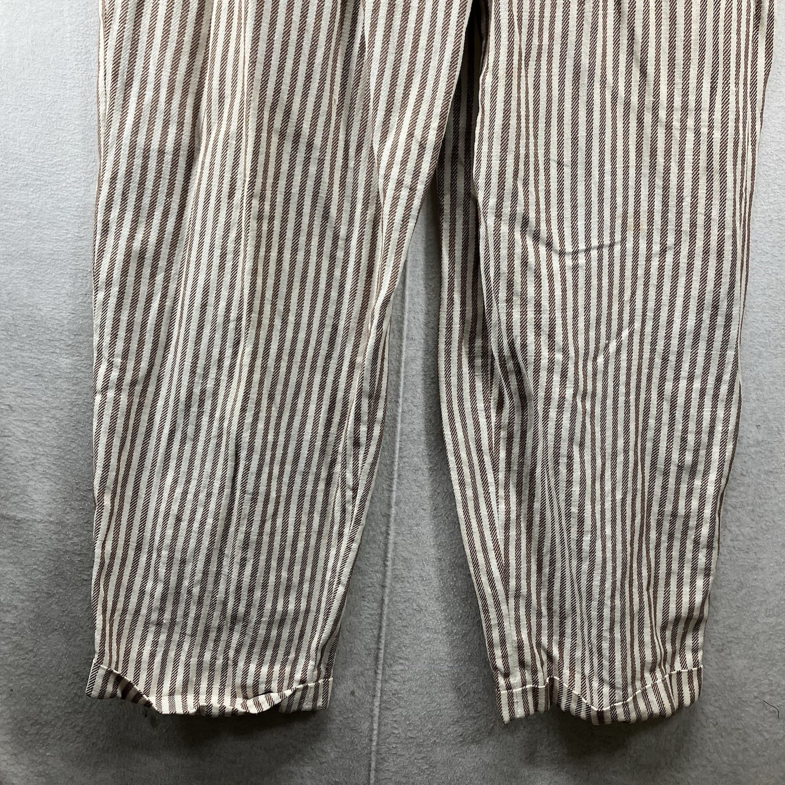 Vintage Women’s Linen Blend Paper Bag Waist Pleated Pants Beige Brown Striped 12