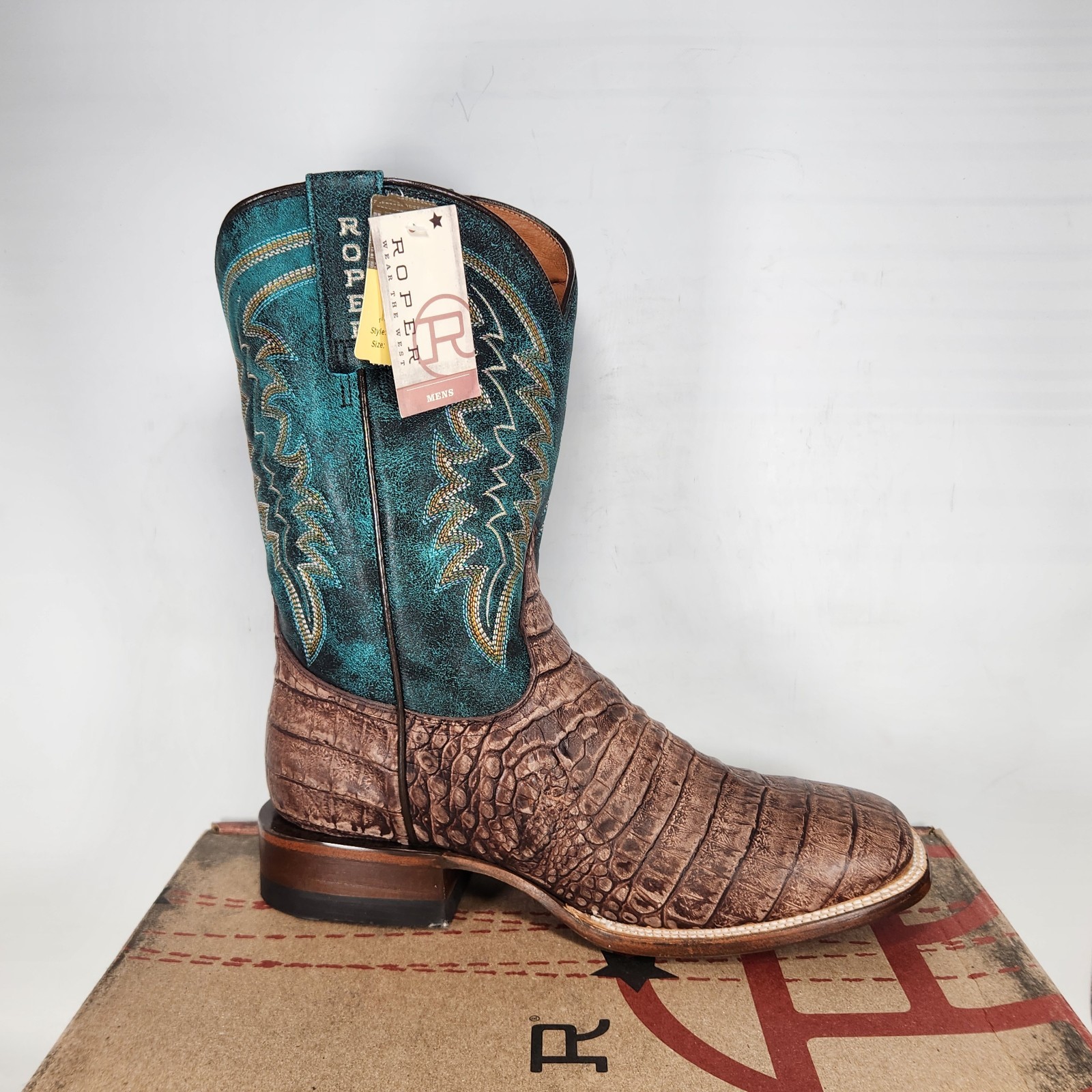 13 WIDE – Roper Cody Caiman -Brown / Vintage Blue – Exotic Croc Embossed LEATHER