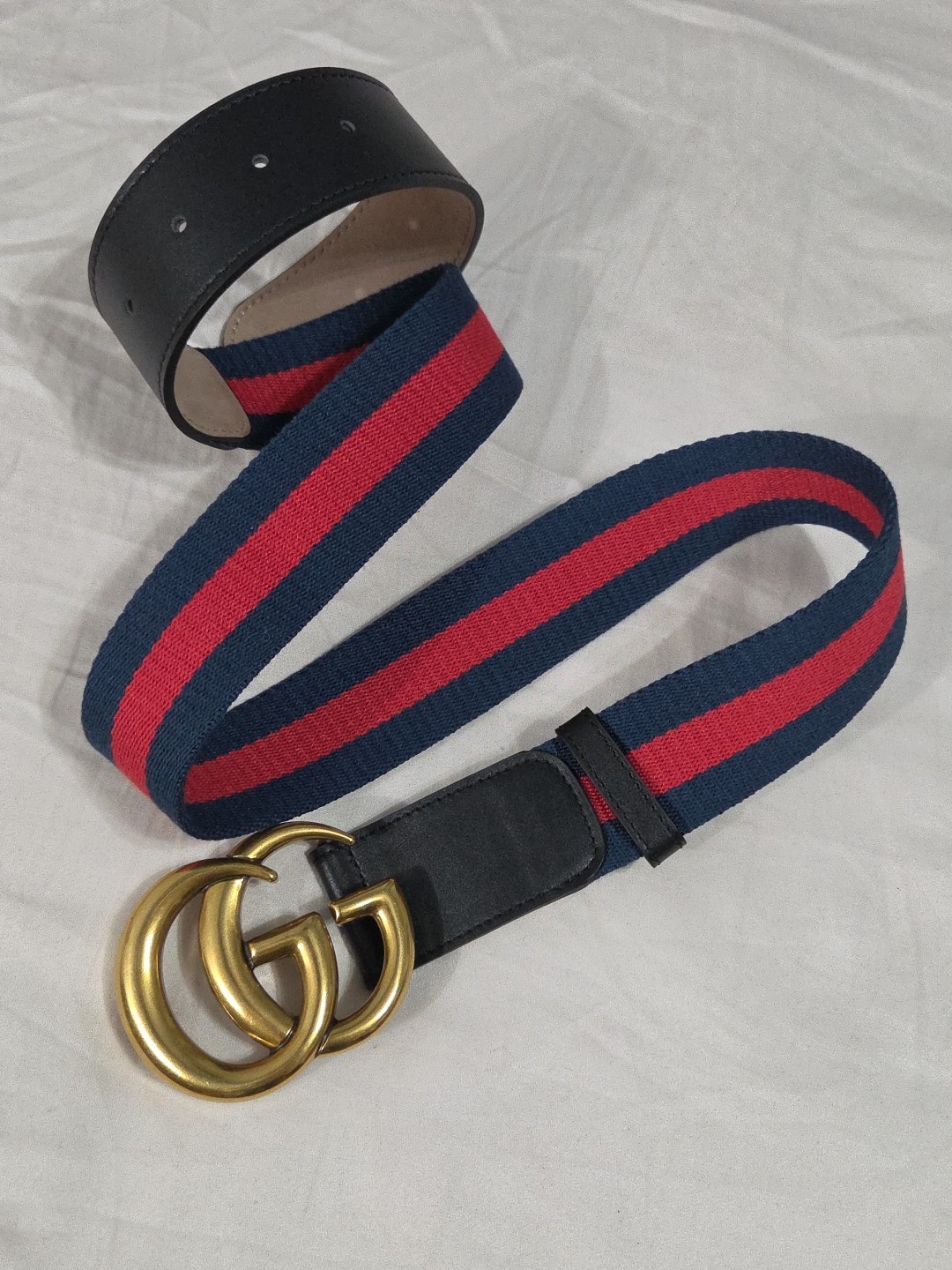 Gucci GG Brass Buckle Striped Navy Red Dress Belt Men’s 36-38 IT 105CM
