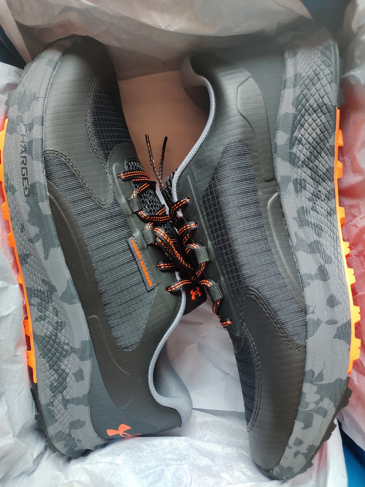 Size 12 – Under Armour Charged Bandit Trail 3 Black Orange Blast Camo