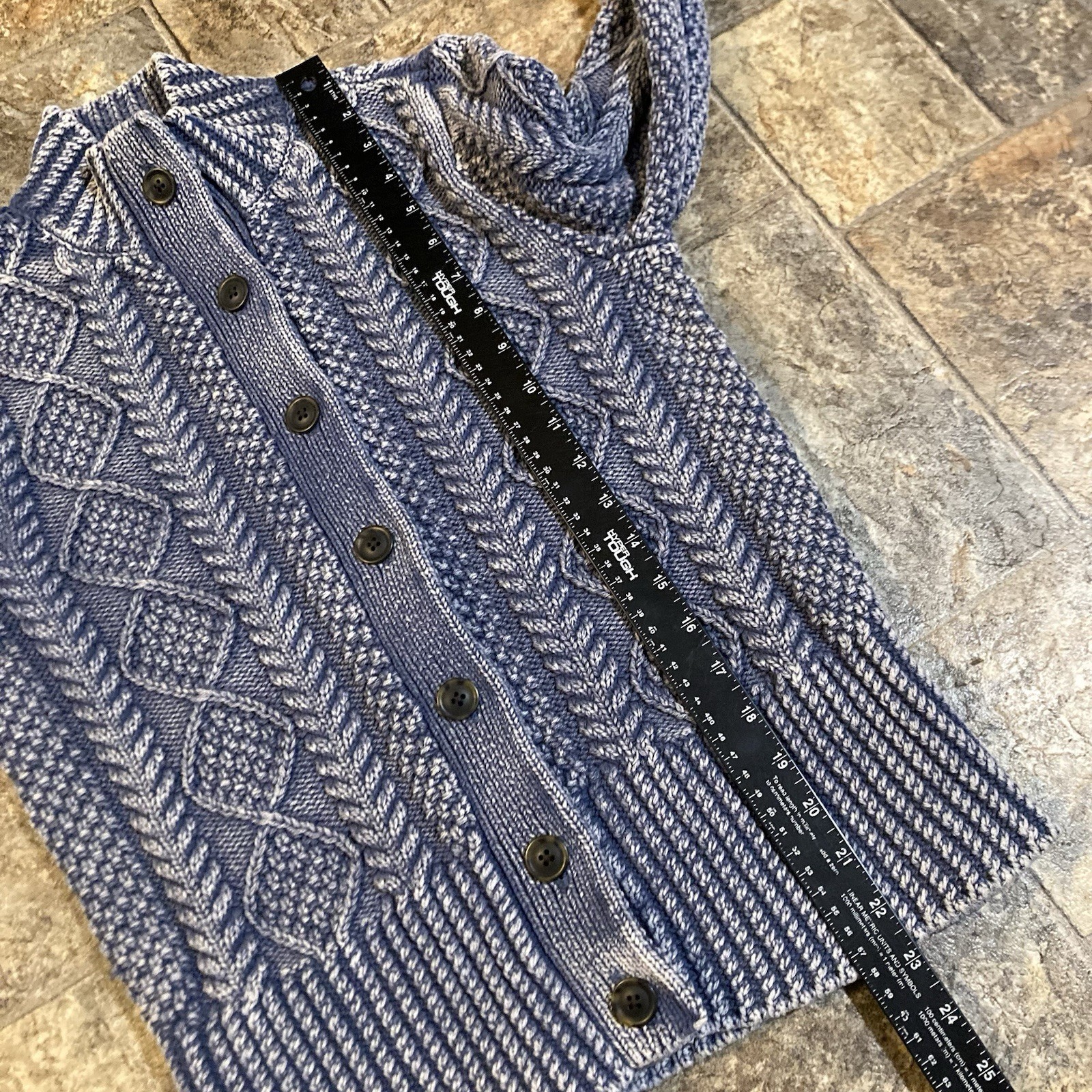 LL Bean Signature Blue Cable Knit Cotton Fisherman Cardigan Sweater Size Small