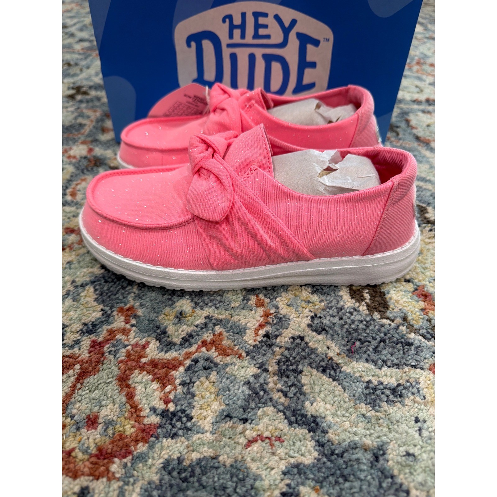 Hey Dude Wendy Bow Stardust Girls Size J5 Pink Glitter Slip On Moccasin NWT