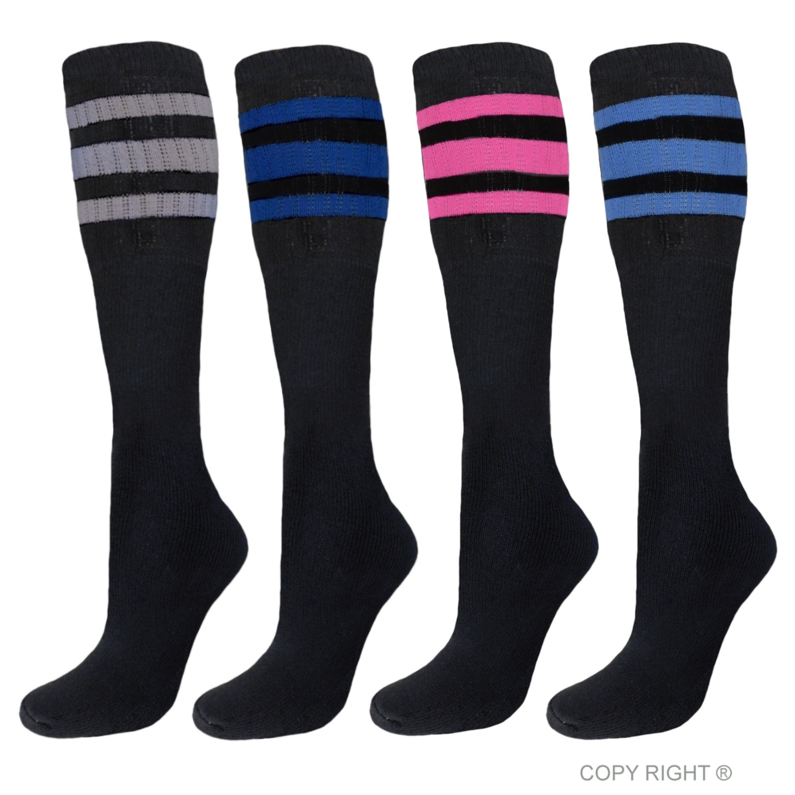4PK BLACK TUBE SOCKS STRIPED 22 INCHES OLD SCHOOL COTTON SOCKS MULTICOLOR #3