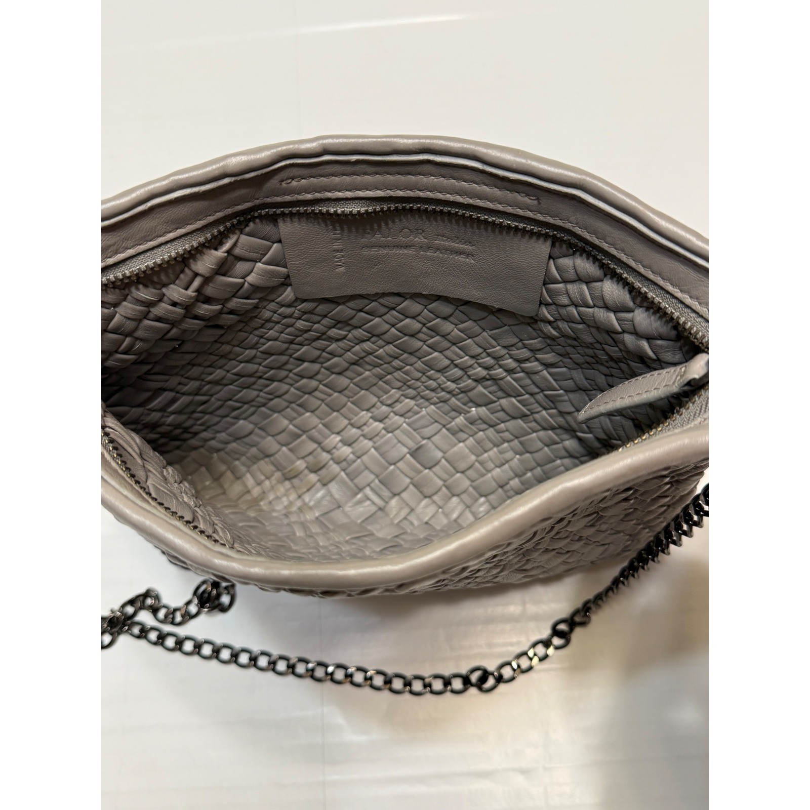Falor Italia Woven Leather Crossbody Bag Grey Gunmetal Chain Made in Italy