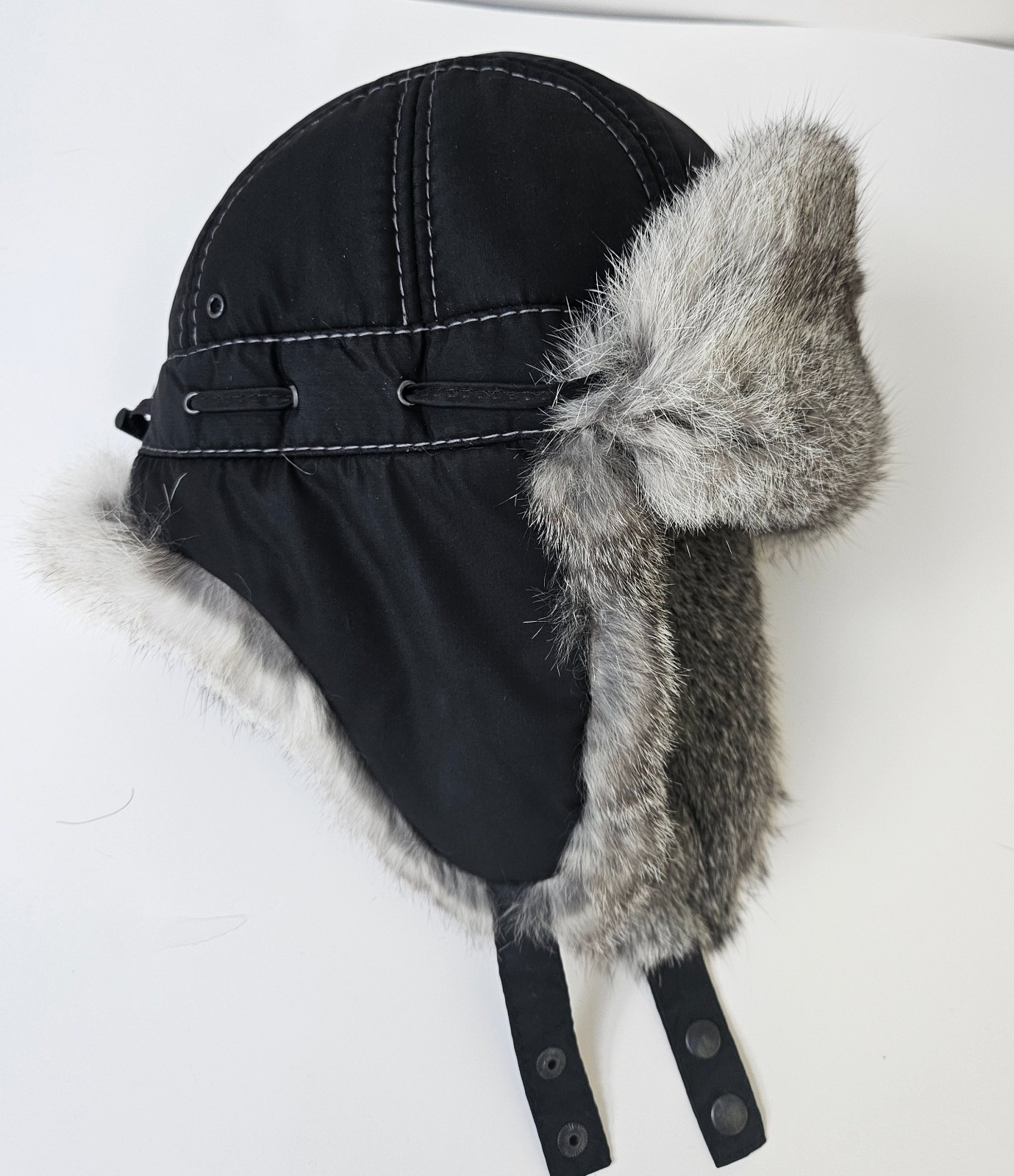 Men Real Fur Ear Flap Hat Ushanka Rabbit Fur Aviator Trapper Hat Unisex 58 cm