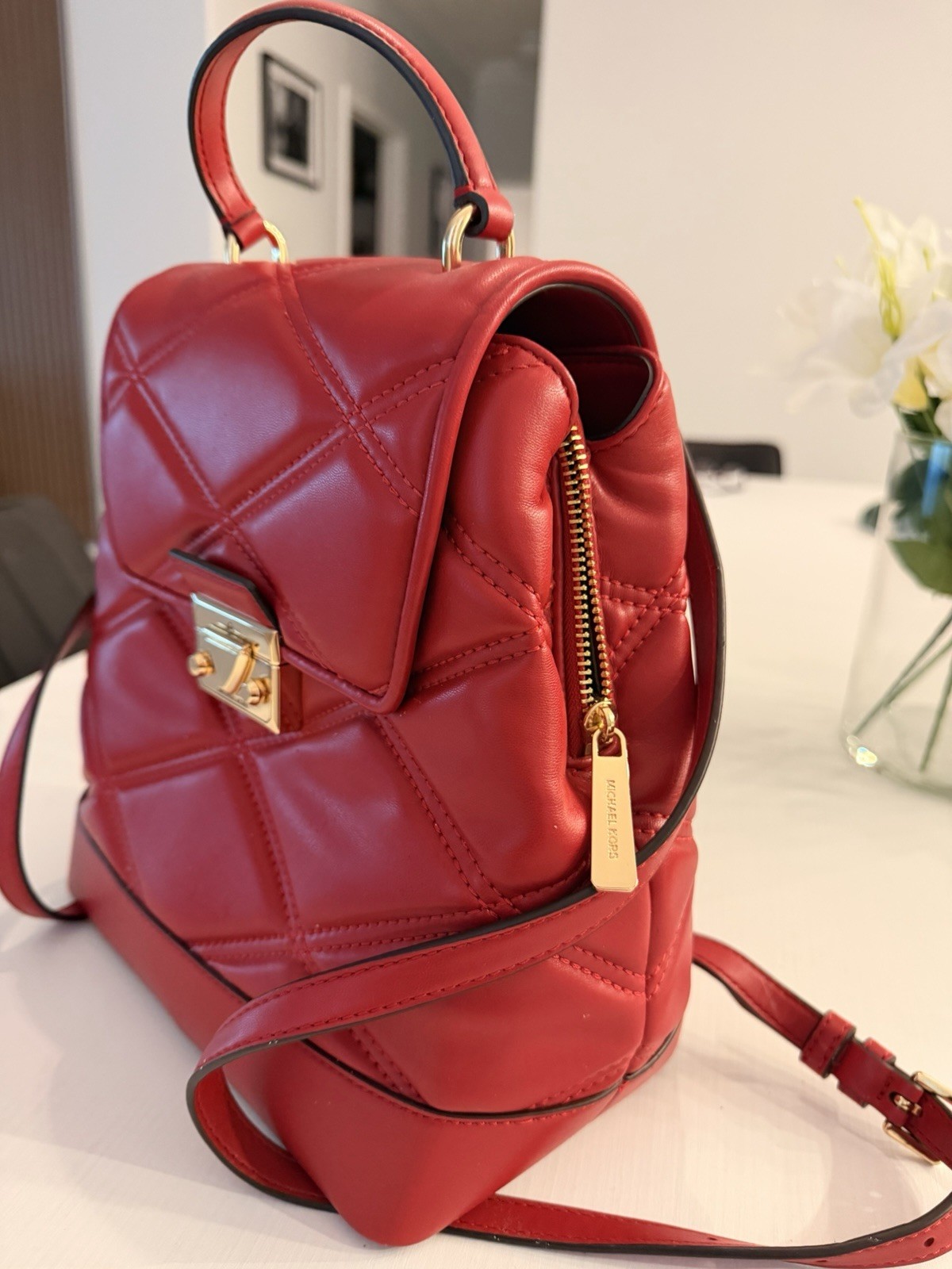 Michael Kors Red Quilted Backpack Top Handle Gold Hardware Adjustable Strap