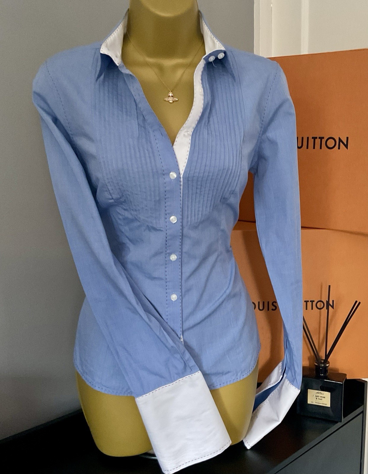 Pristine Thomas Pink Blue Fitted Pleated Tuxedo double Cuff Shirt Stunning UK 10