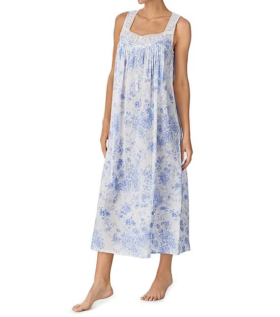 NWT Eileen West White/PERIWINKLE BLUE Floral 50″ Sleeveless Cotton Nightgown S