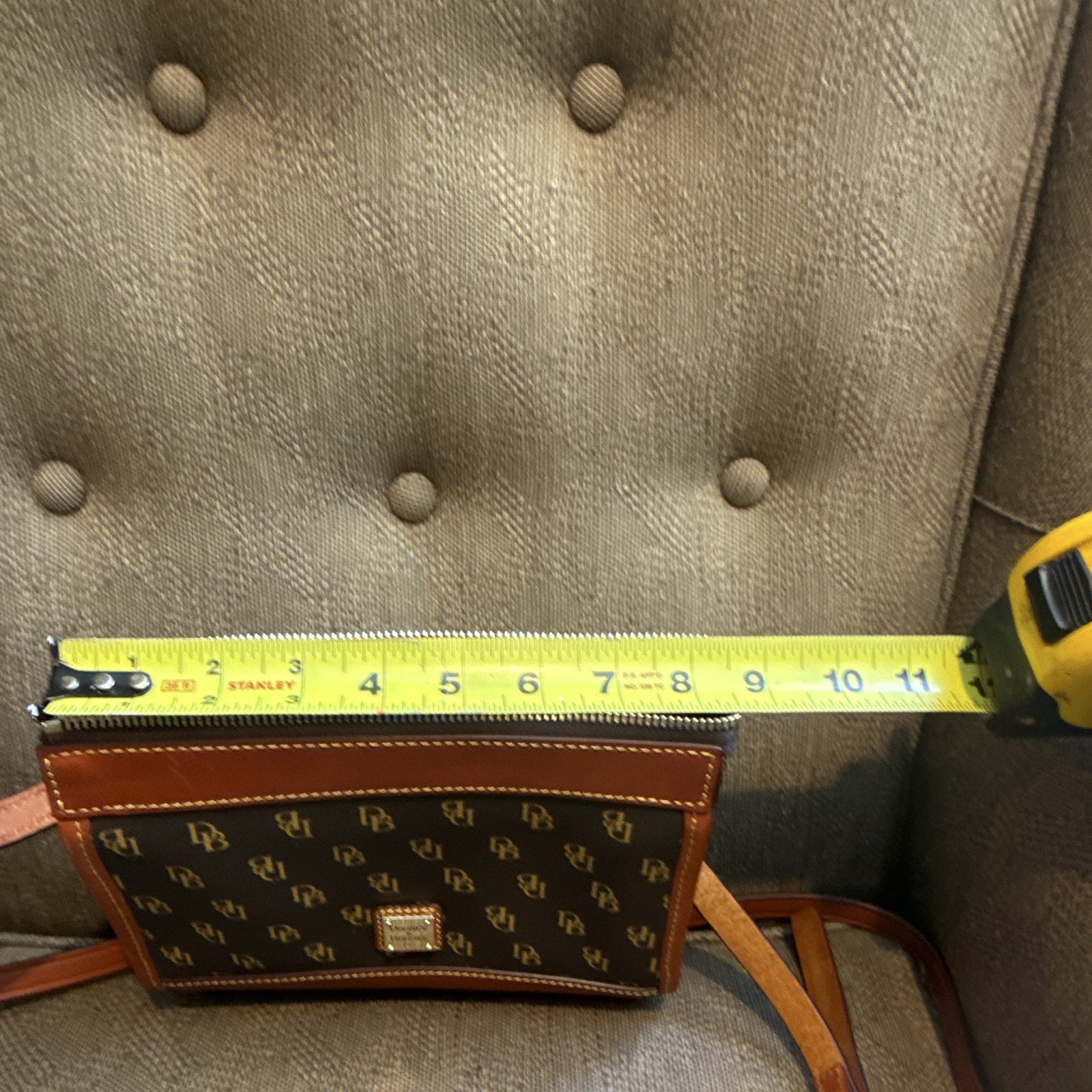 Dooney & Bourke Brown Logo Zip Crossbody, Gold Hardware, Adjustable Strap