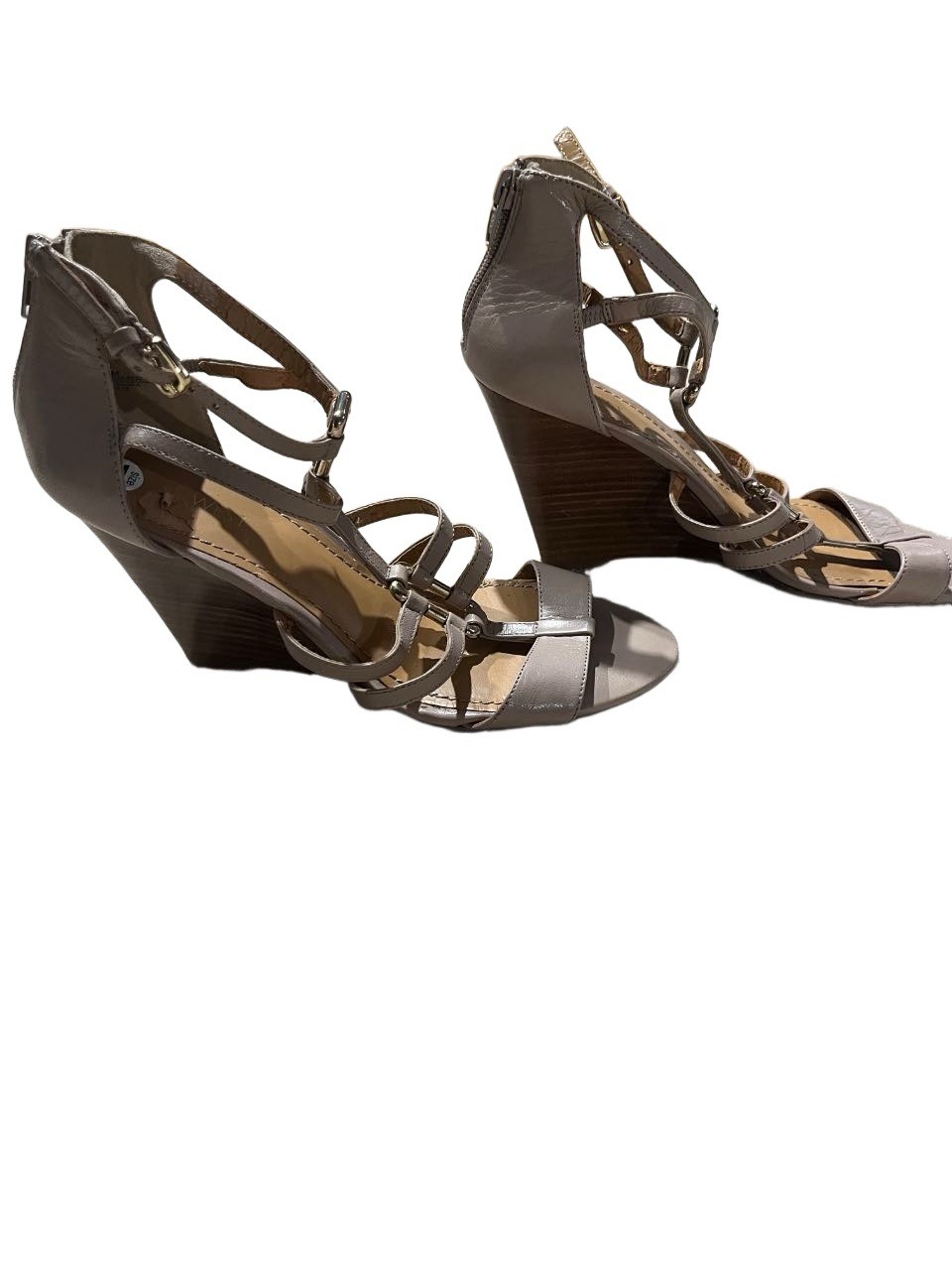 Nine West Women’s Gray Strappy Wedge Sandals Leather Ankle Strap Buckle 7.5