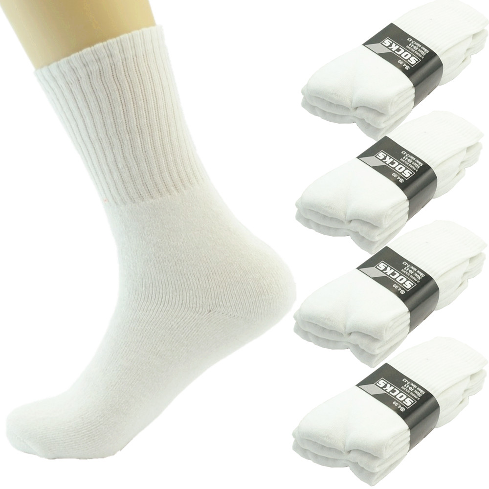 6 Pairs Mens White Solid Sports Athletic Work Crew Long Cotton Socks Size 10-13