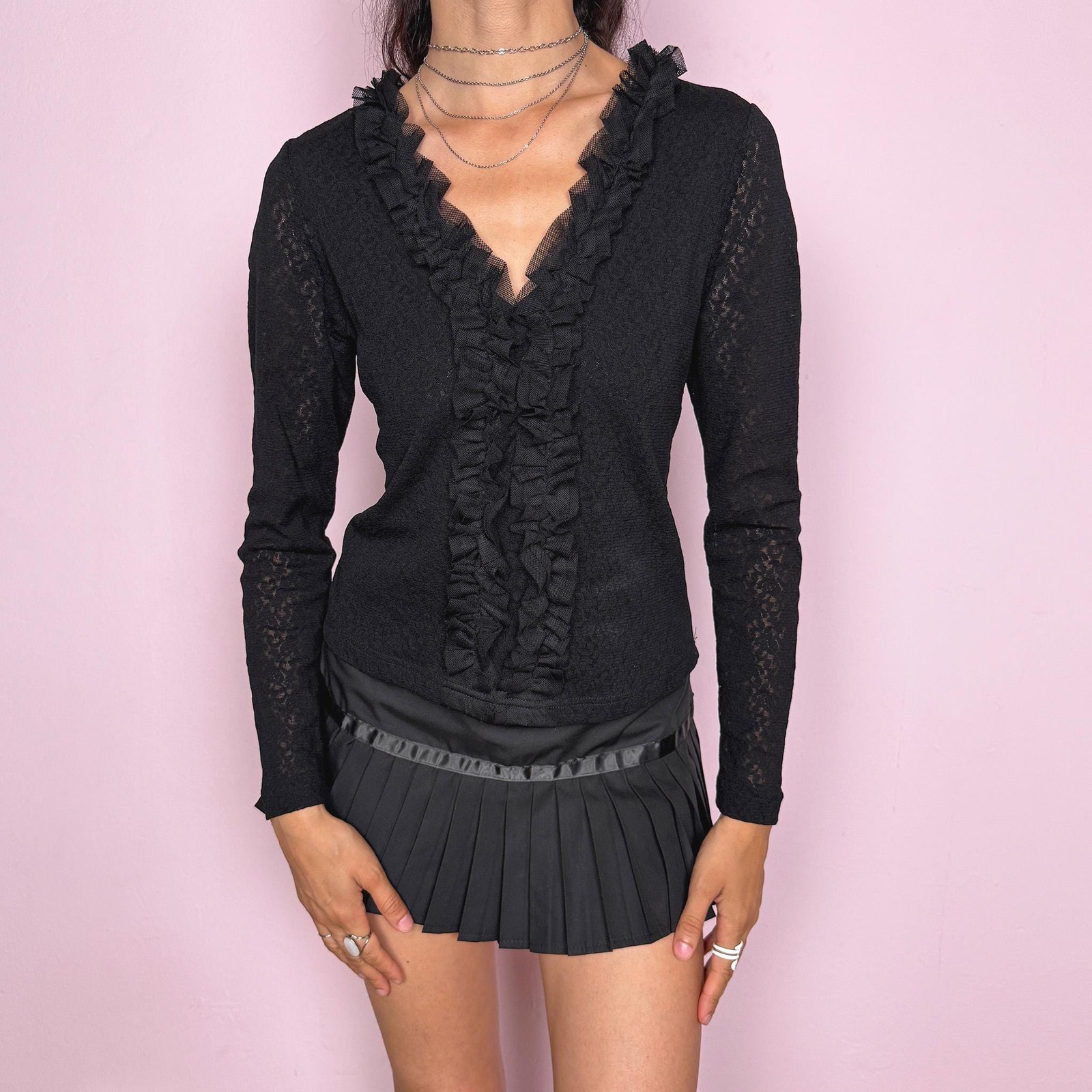 Vintage Black Lace Ruffle Top Mesh Victorian Goth 90s Y2K Size M
