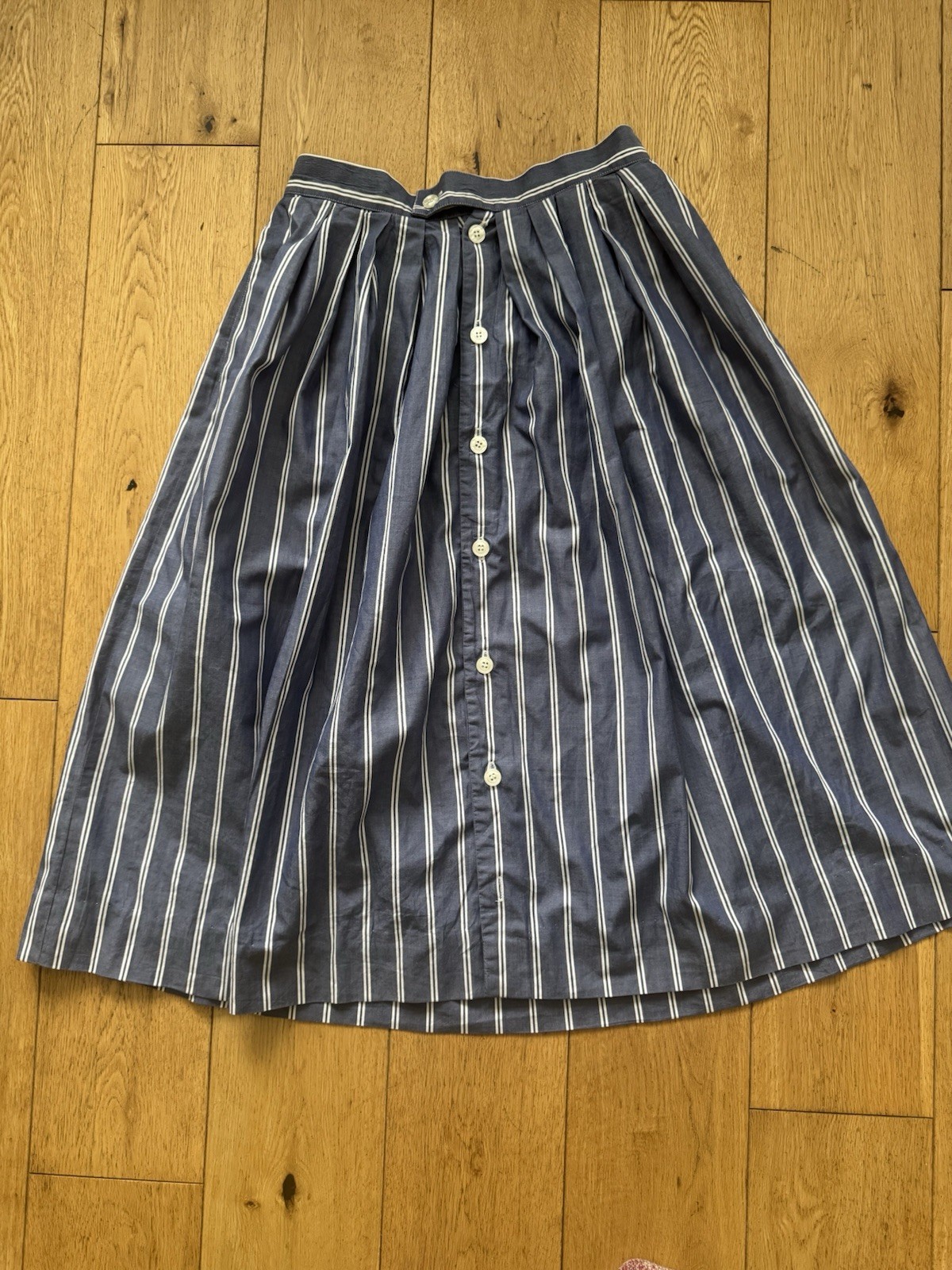 Vintage J.G. Hook Blue & White Stripe Button Front Midi Skirt UK 8 100% Cotton