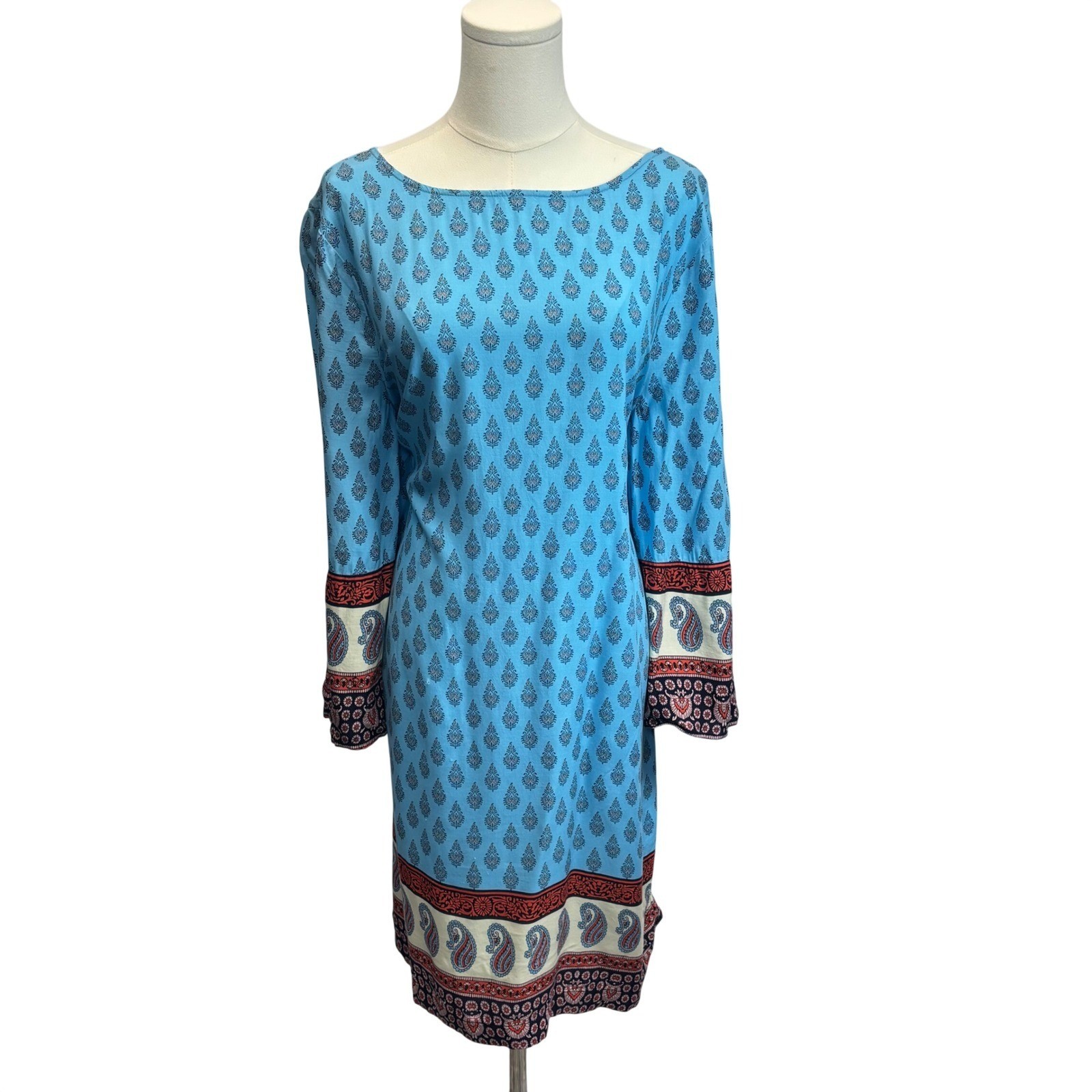 Beach Swimsuit Cover Up Midi Dress Blue Paisley Boho Tunic Coastal Resortwear L