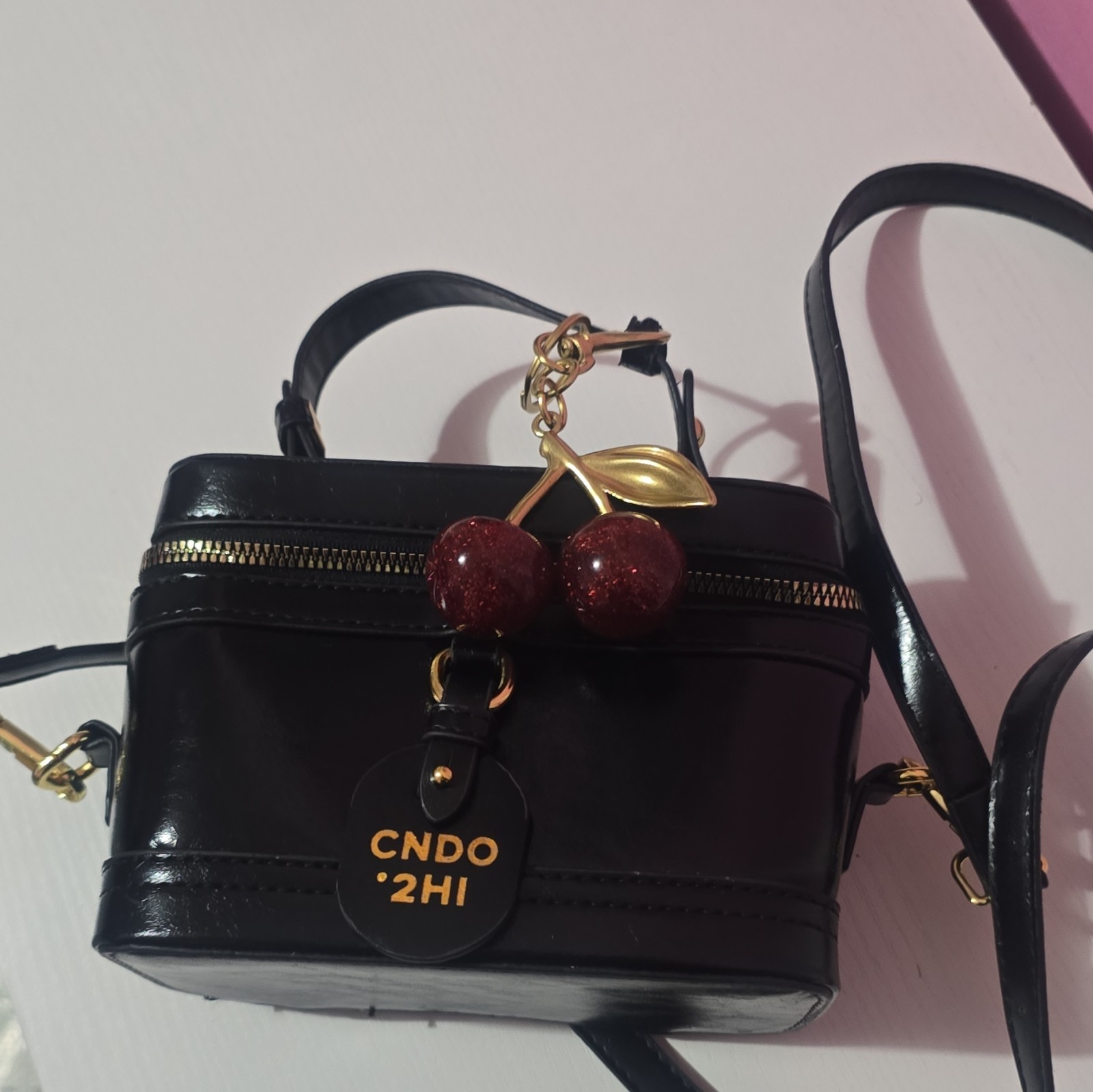 Women’s Black Small Crossbody Purse Zip Gold Hardware Cherry Charm Initials