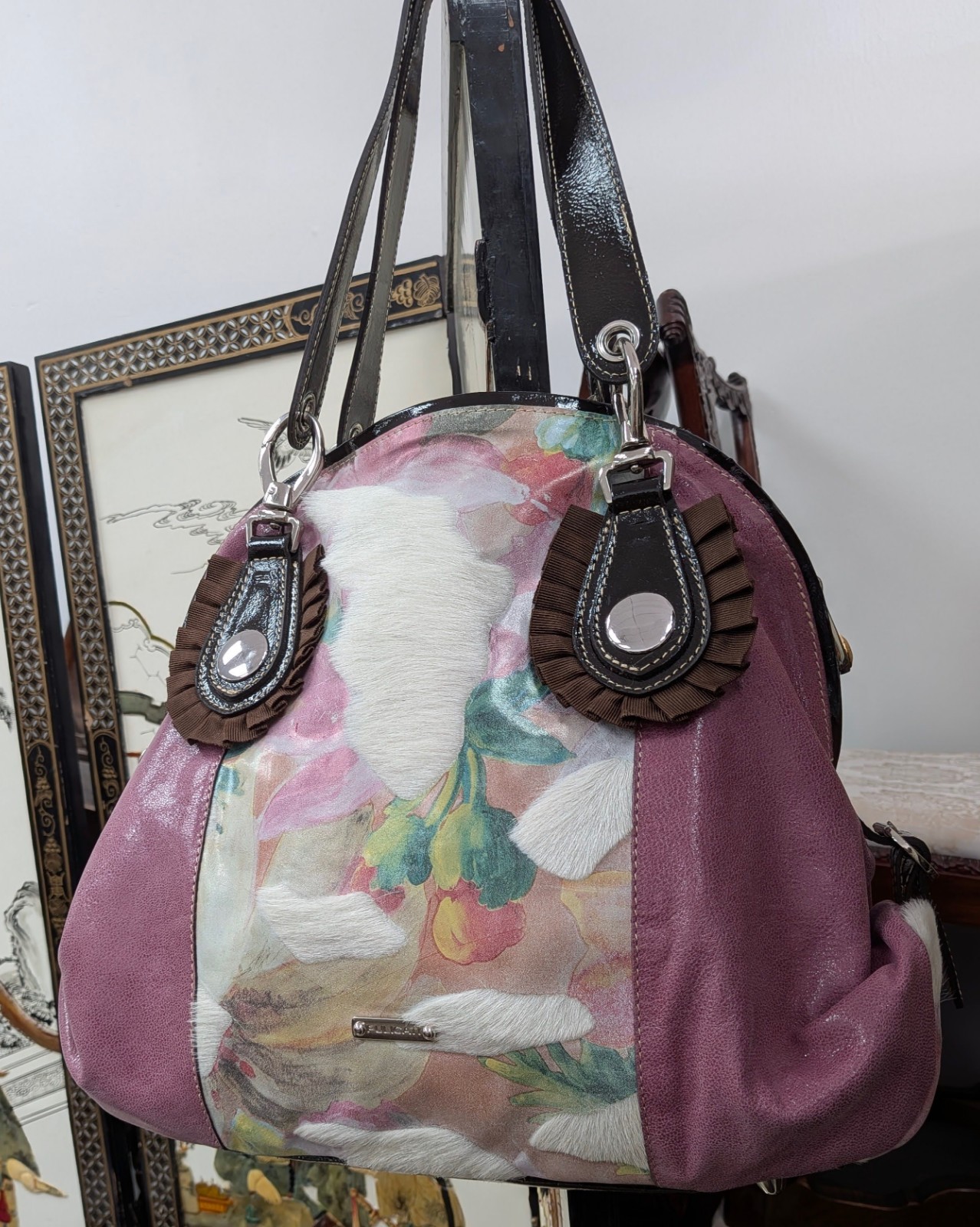 Pulicati Italy Pink Leather Floral Hair-On Hide Satchel Handbag