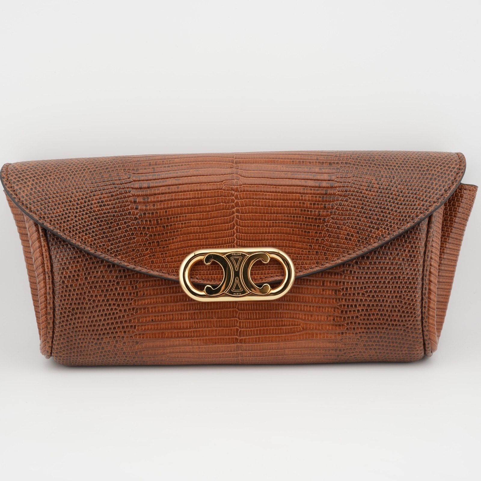 Celine Shiny Lizard Leather Maillon Triomphe Clutch Brown