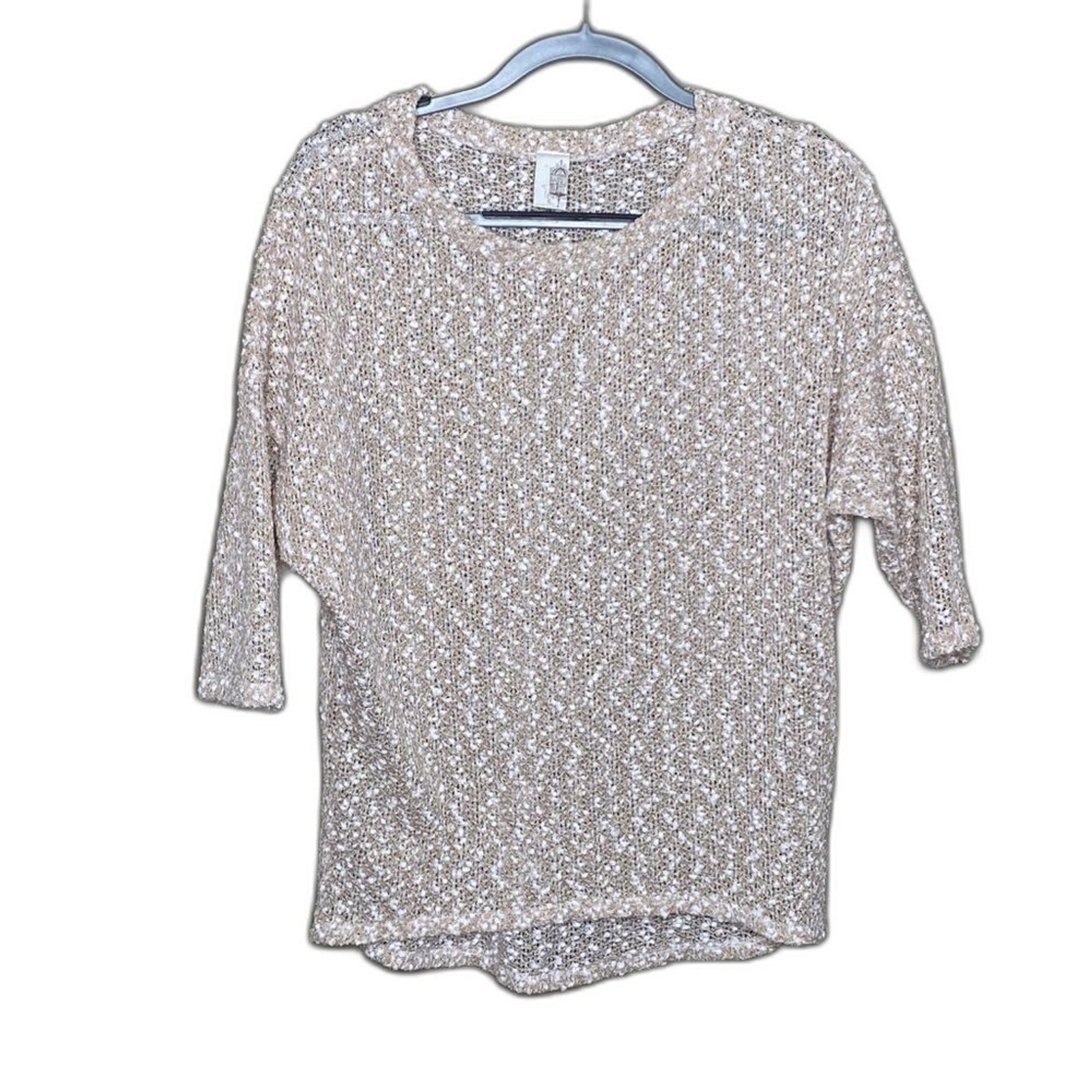 Francesca’s Open Knit Sweater Sm Cream Gold Metallic Boho Neutral Shimmer Cozy