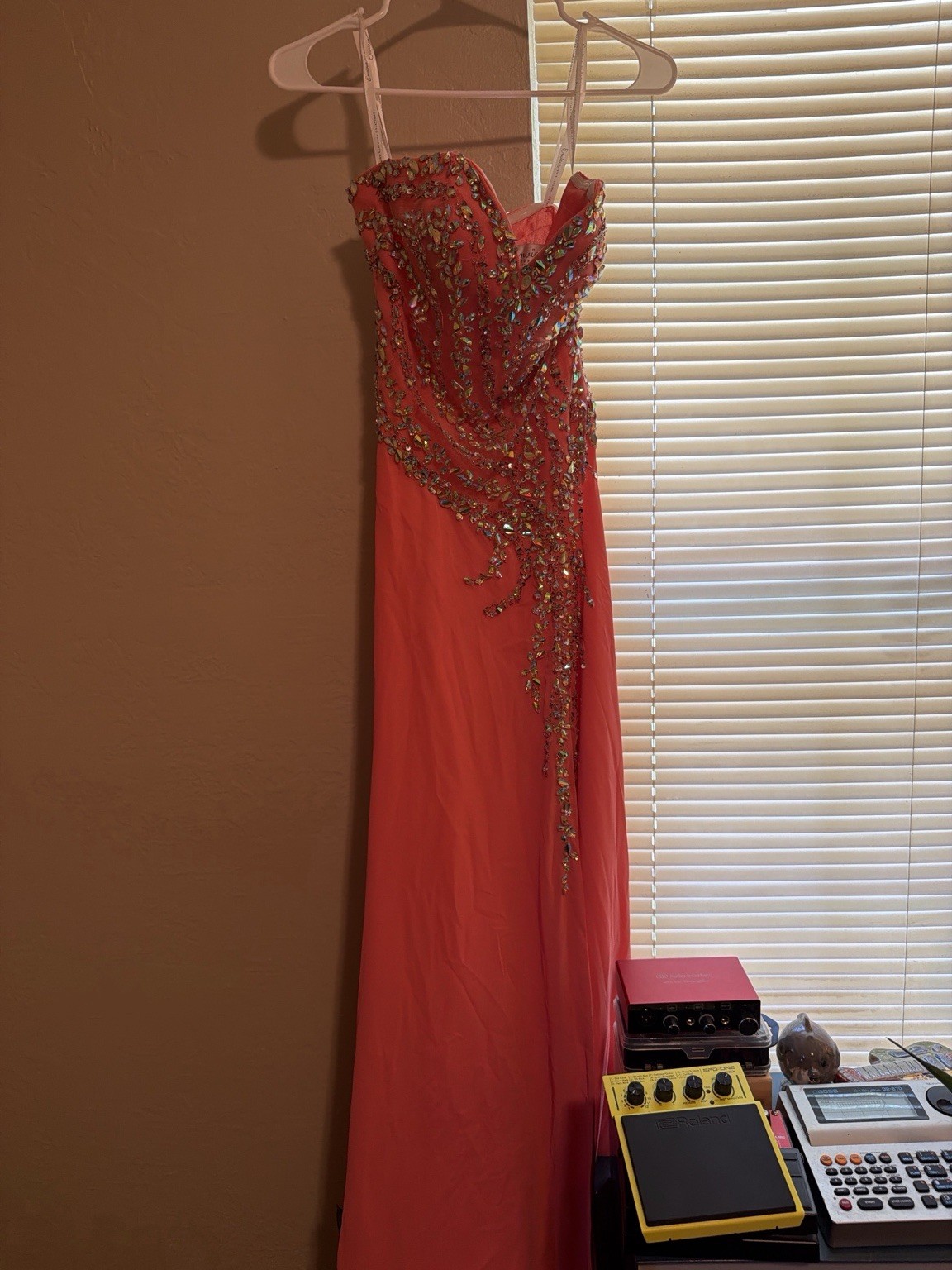 Envious Couture Karishma Creations Prom Dress Size 0 Coral Pink Rhinestone Gown