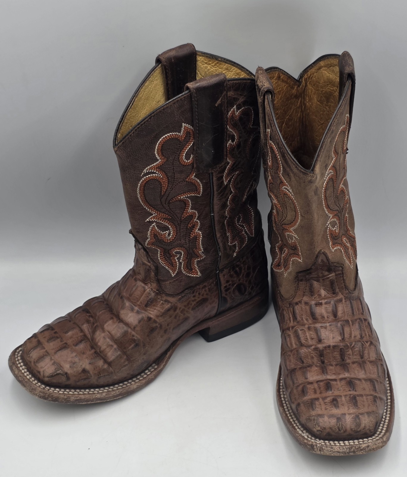 Horse Power HPK1070 Kids Cowboy Boots Sz 12 Brown Nile Print Square Toe Leather