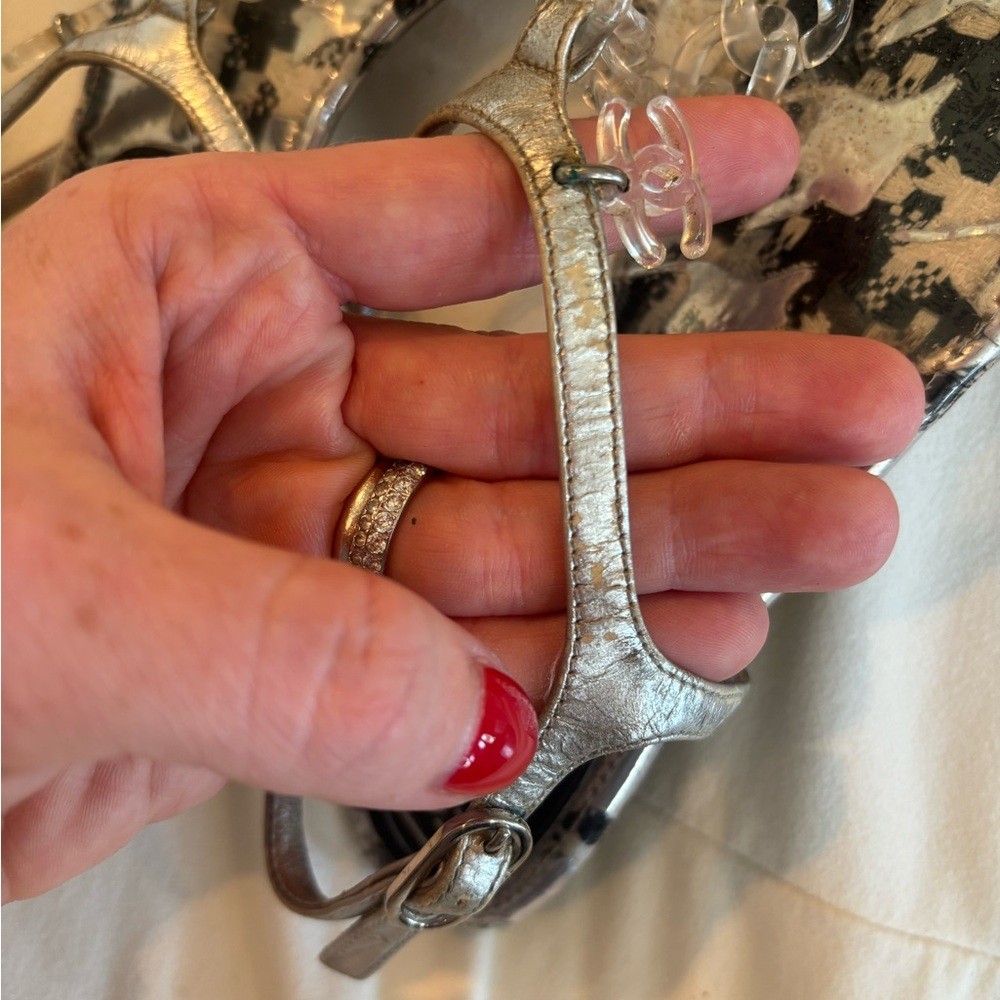 CHANEL Silver T-Strap Sandals with Clear Lucite Chain , Size 35