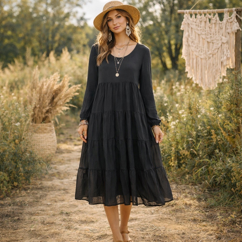 Made in Italy Dress M/L Gray Modest Lagenlook Layers Boho Peasant WhimsyGoth