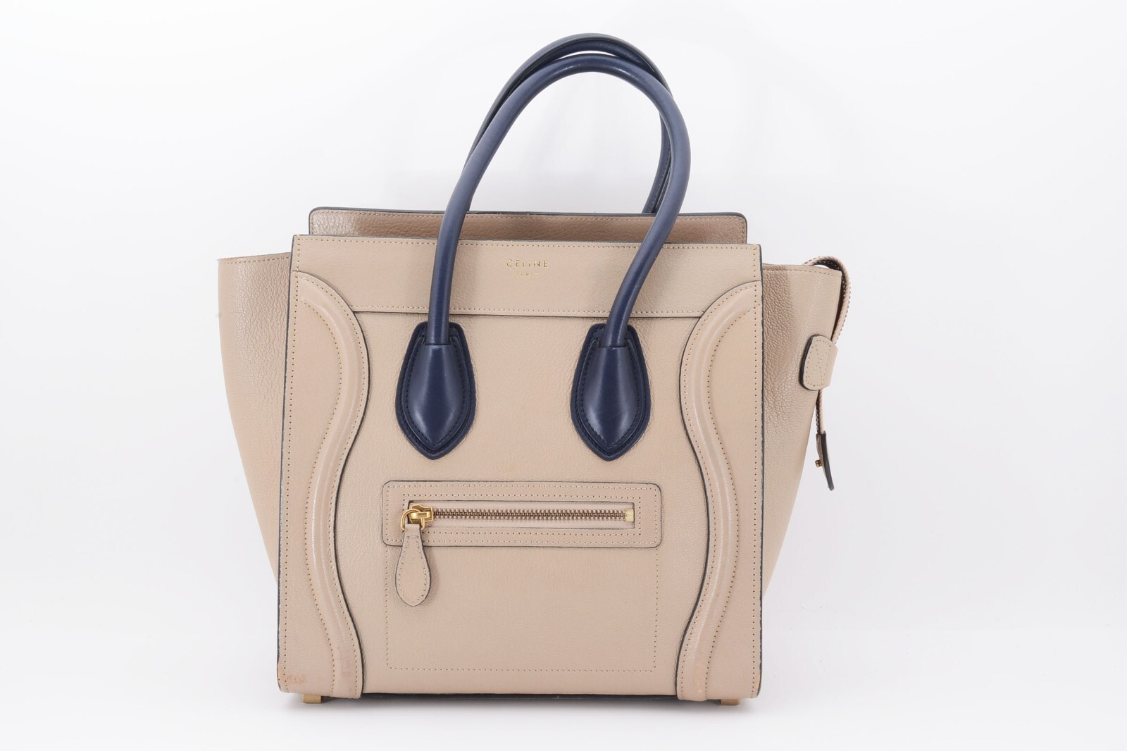 Celine Nano Luggage Leather Handbag Beige x Dark Blue [ Rank AB ] Japan #H209