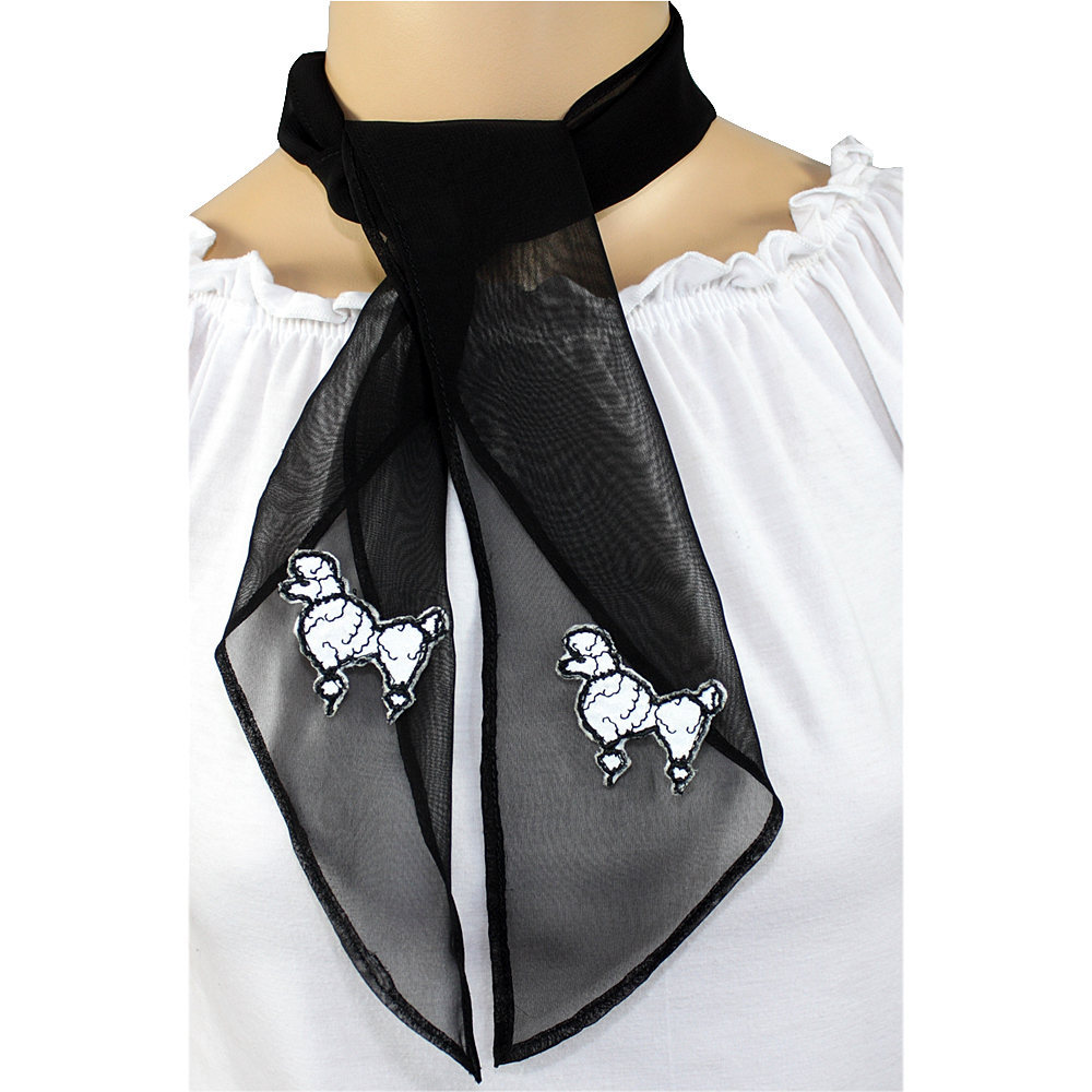 50s Black Chiffon Scarf with Poodle Appliques for Poodle Skirt/ Sock Hop