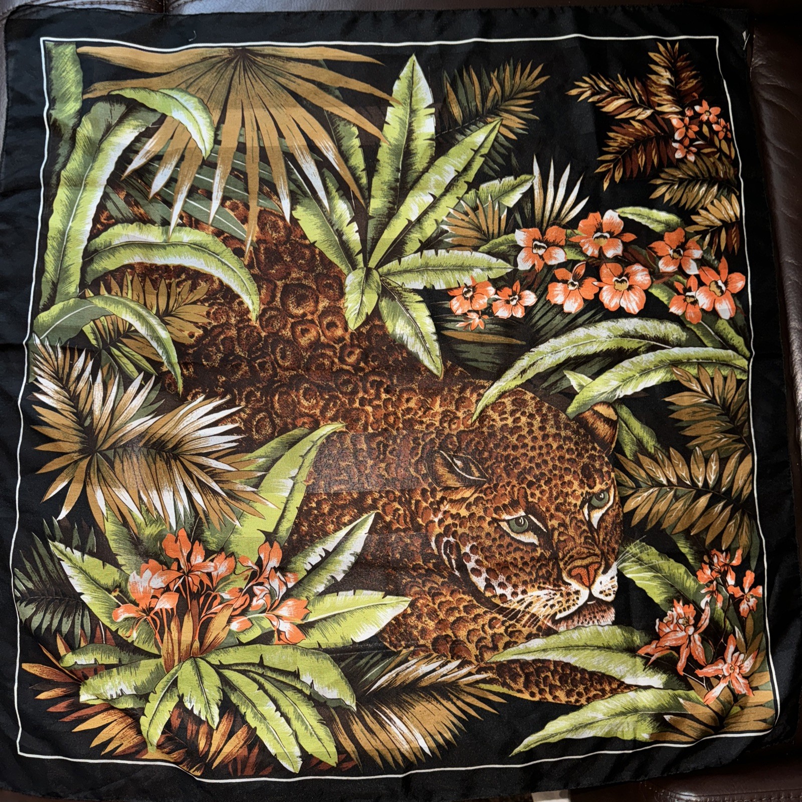 Fabulous Jungle Print Leopard Scarf 30.5” Square Ghost Stripe Hand Rolled Hem