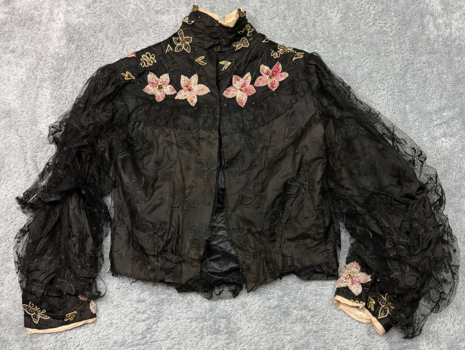 Antique Edwardian Jacket Black Pink Floral Beaded Silk Victorian Early 1900s
