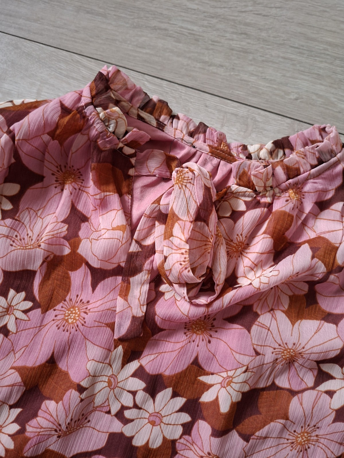 Brown & Pink Floral Flared Smock Dress Tiered Frill Party Sheer Boho Retro UK14