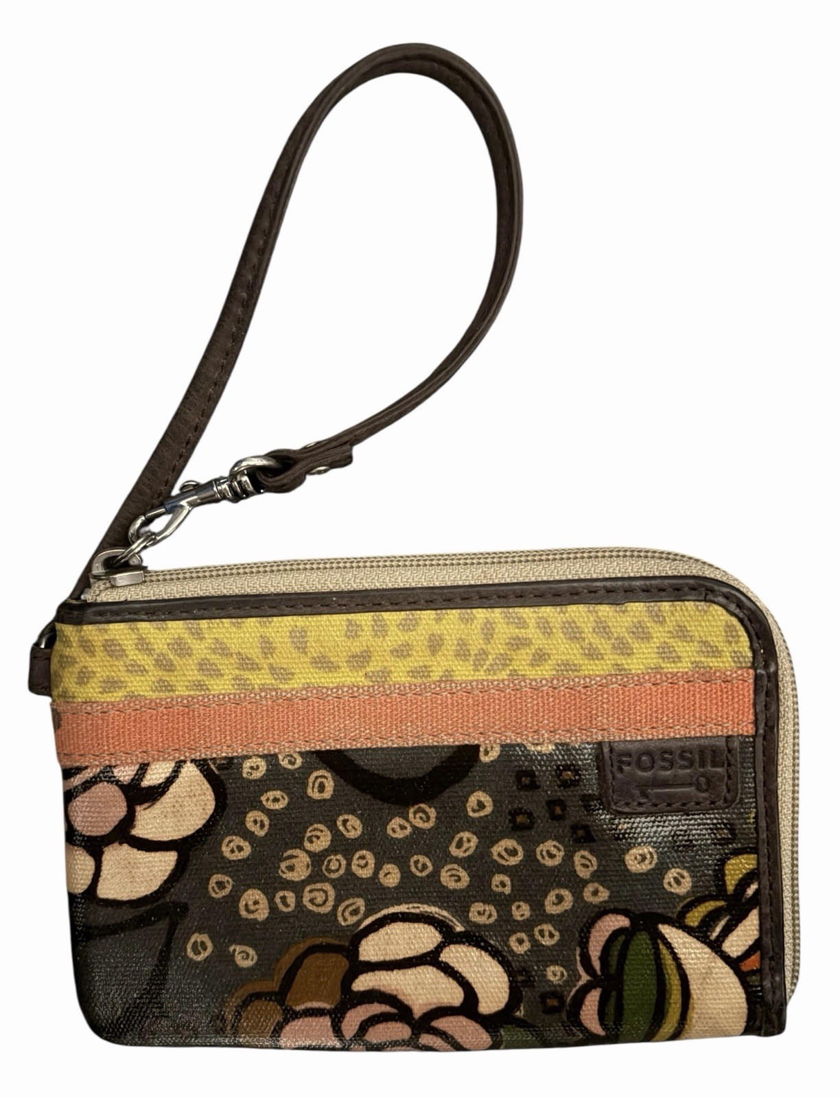 Fossil “Key-Per” Gently Used Floral Coated Canvas Wristlet w/ Leather Trim