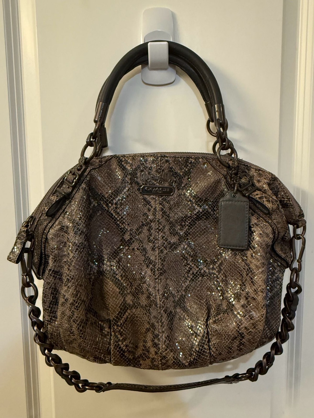 Coach Madison Sophia Python Embossed Leather Satchel with Chain Strap