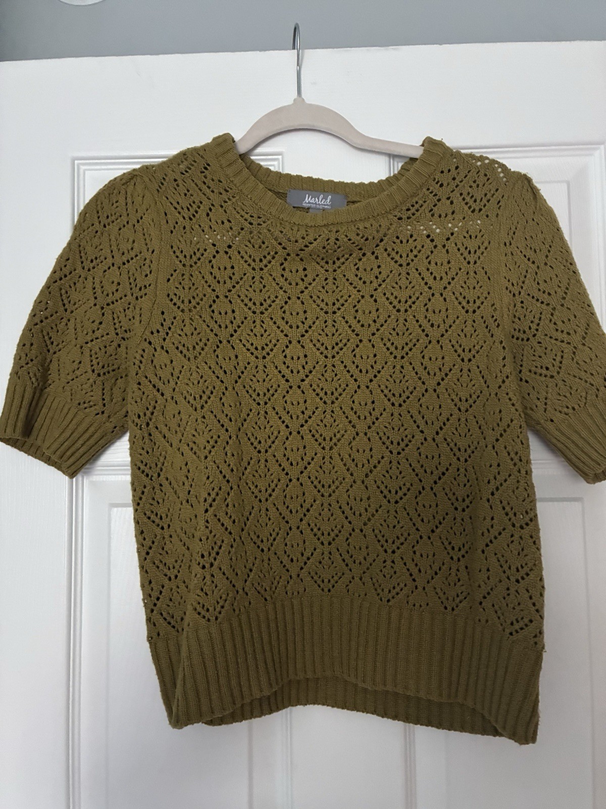 Marled Olive Green Openwork Knit Pullover Sweater M Crew Neck Short Sleeve