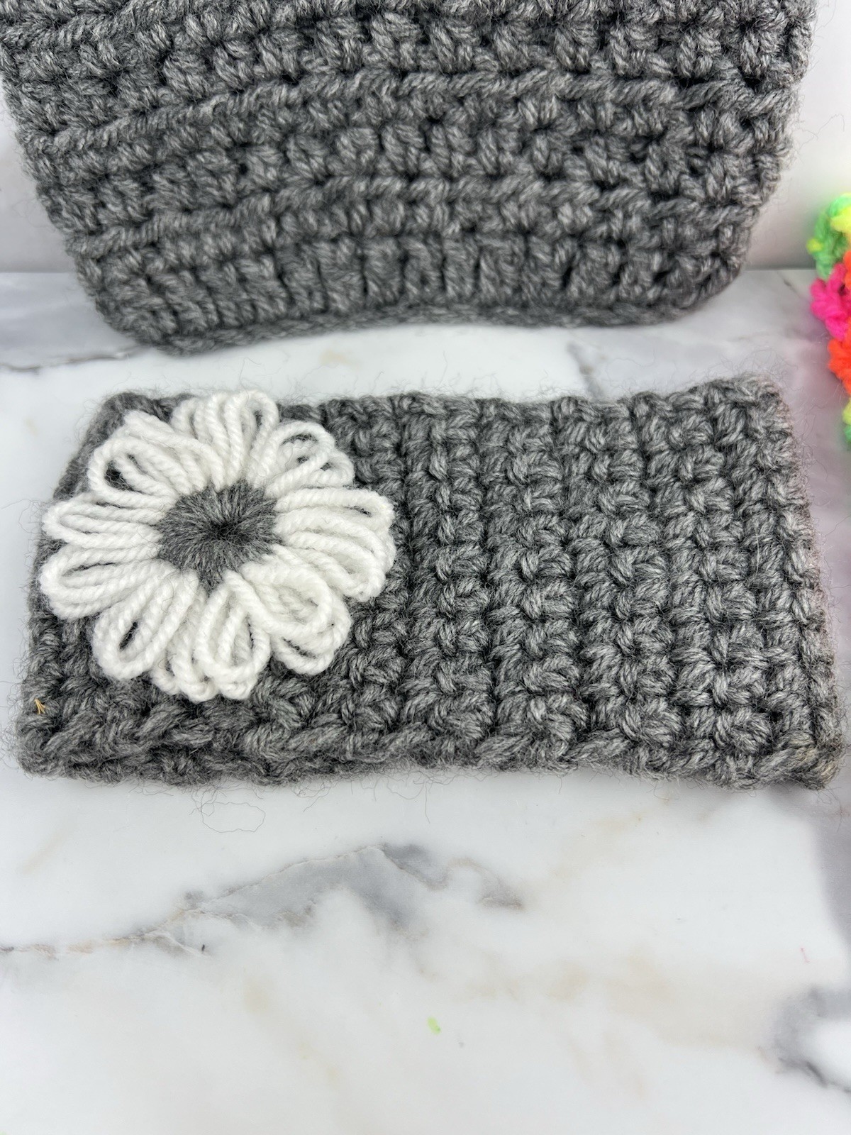 Handmade Crochet Headband Ear Warmer Gray Multicolor Flower Accents Set of 3