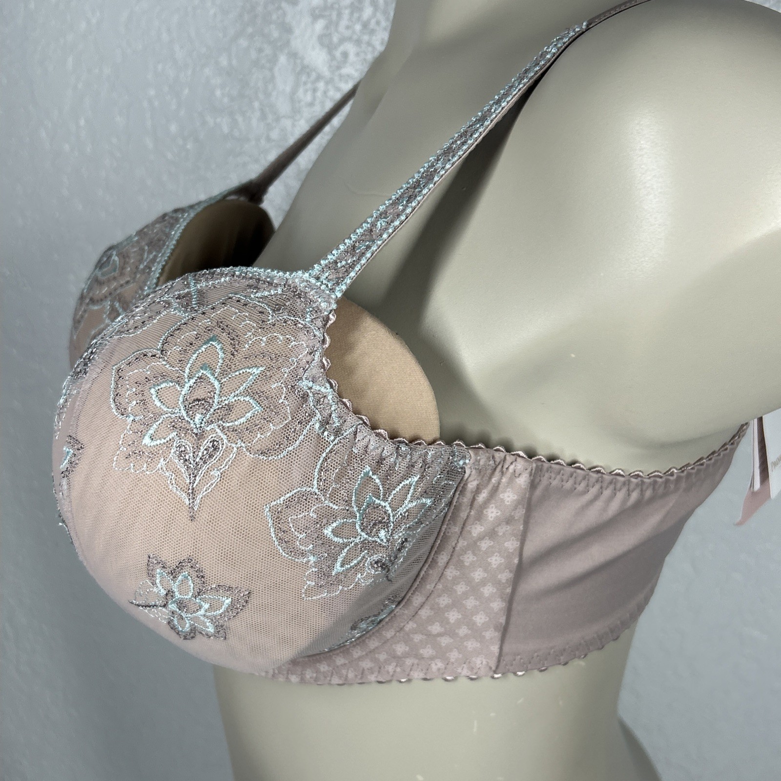 Prima Donna Lotus Side Support Wire Bra Unpadded UK 42D Lace Bows Green Beige