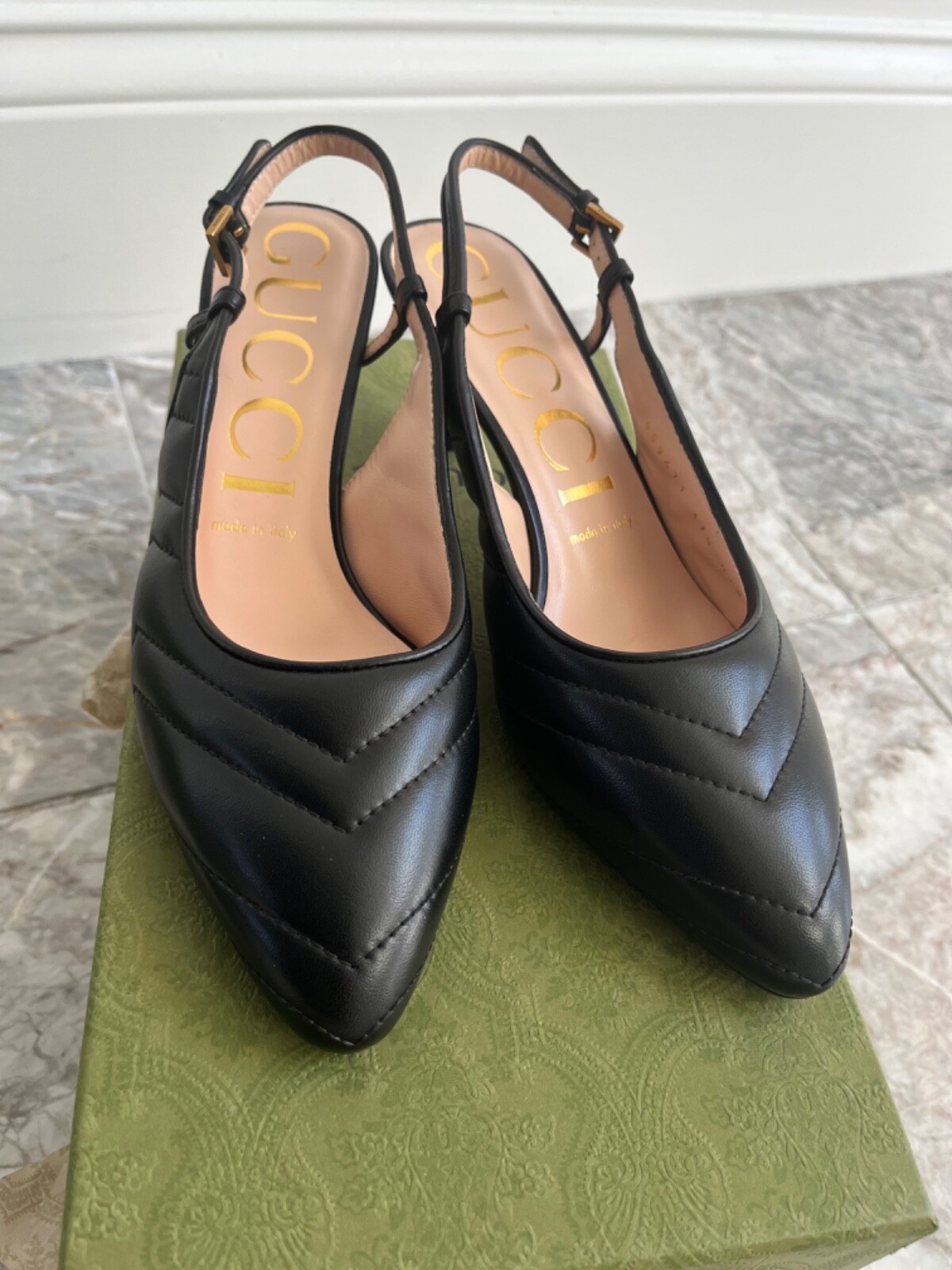 NIB GUCCI Matelasse Leather Kitten heeled Slingback 7.5