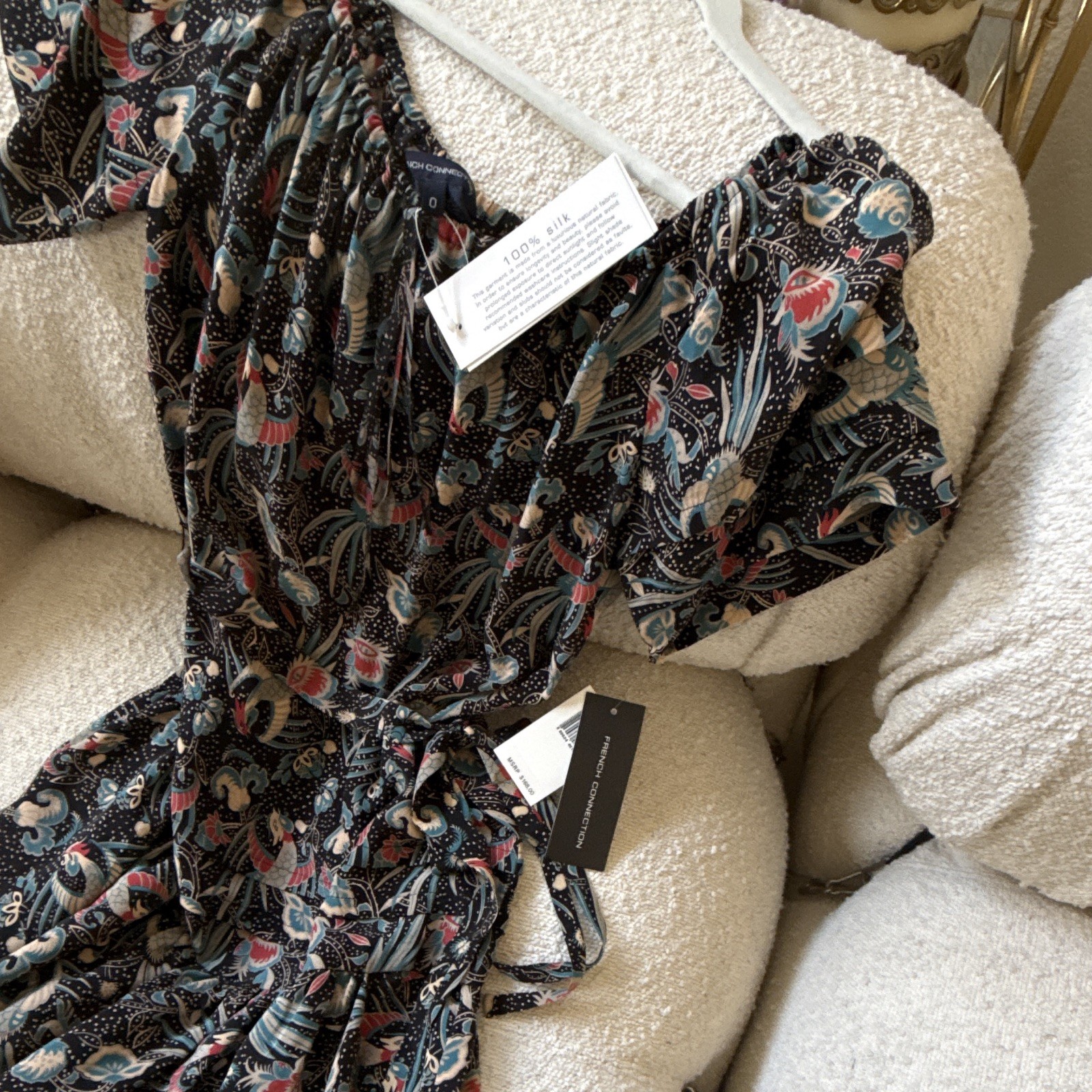 French Connection 100% Silk Floral Off-Shoulder Belted Tie dress size 0. NWT
