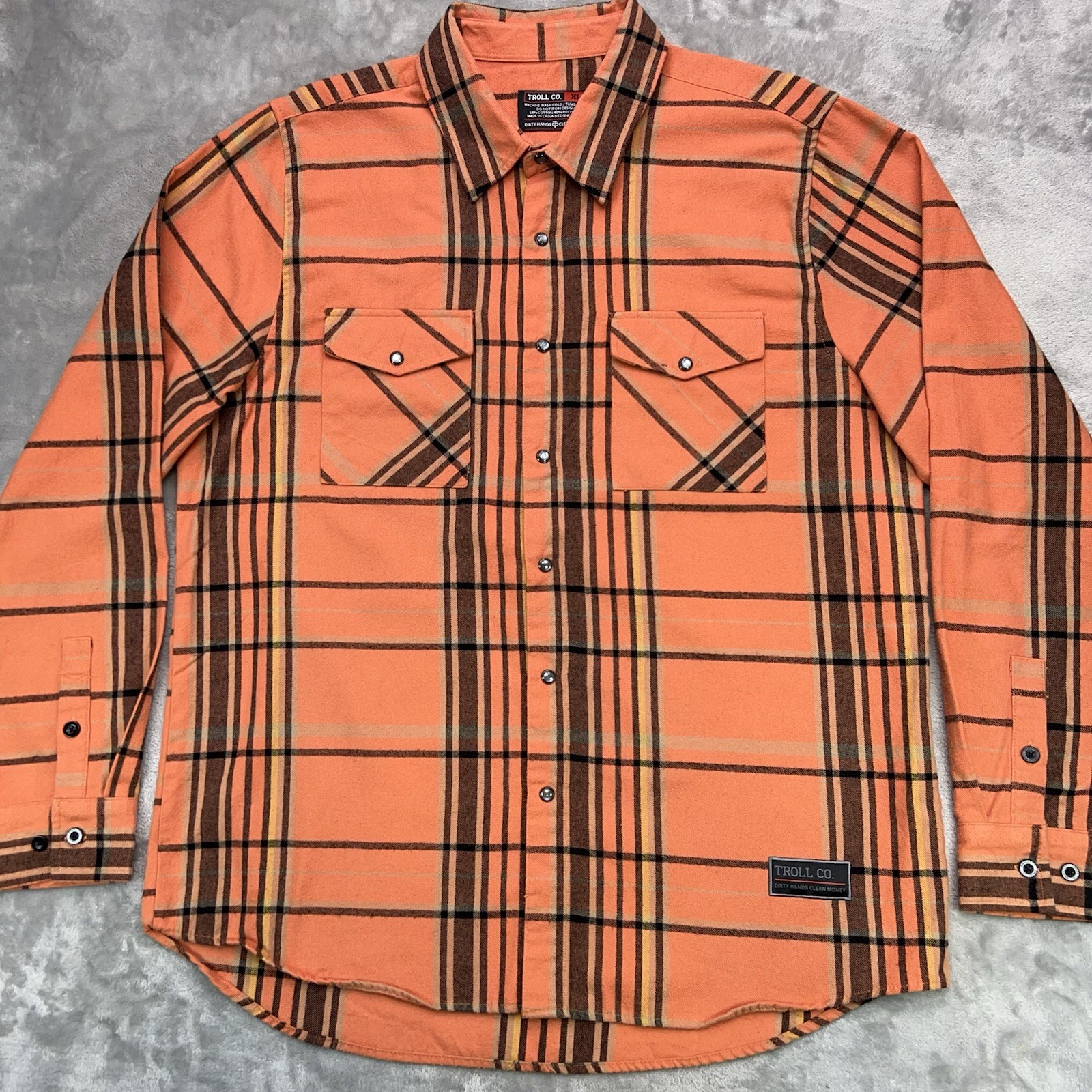 TROLL CO Men’s XL Flannel Shirt Orange Plaid Pearl Snap Street Workwear Utility