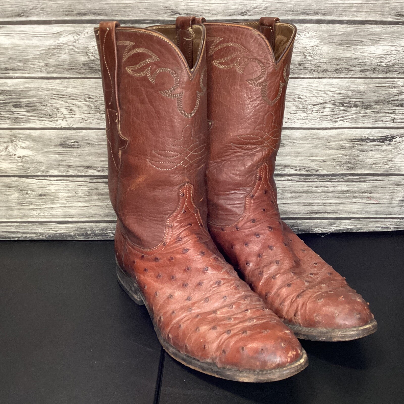 Lucchese Classic Handmade Cowboy Boots Men 8D E1767RR Cognac Full Exotic Ostrich