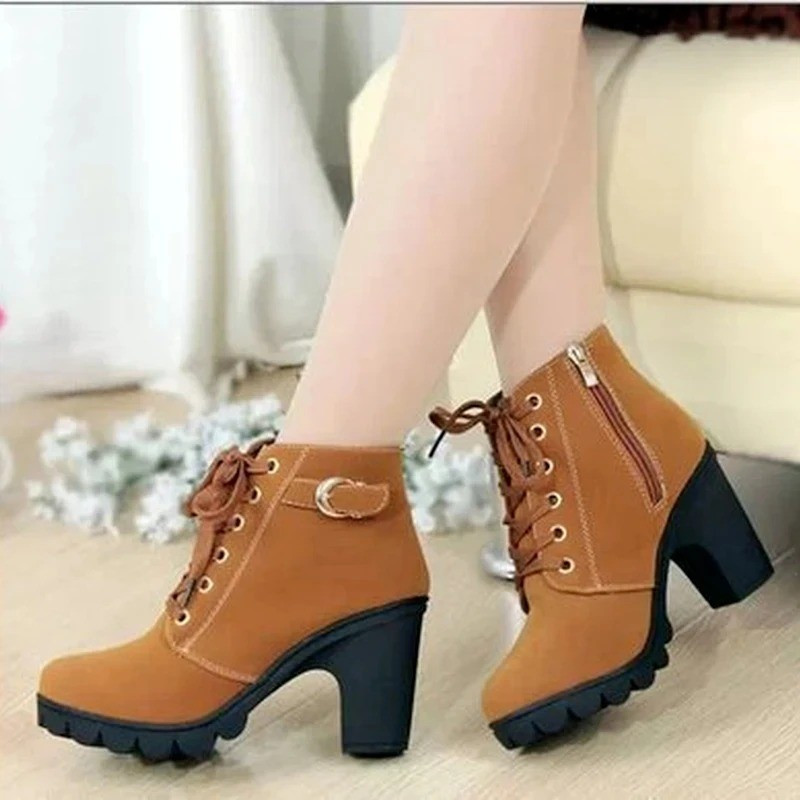 Women’S Platform Ankle Boots Lace up High Heel Winter Fashion Short Boots