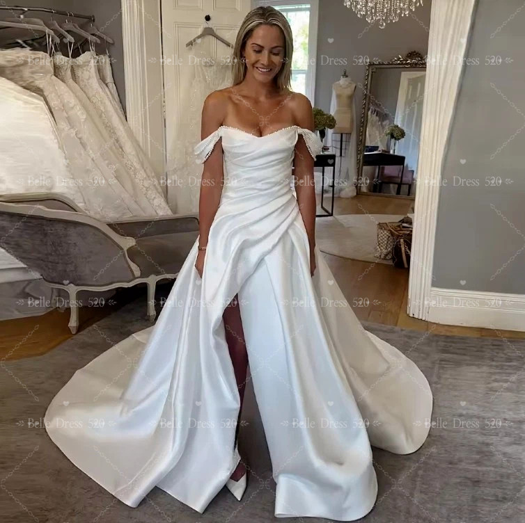 Stain Wedding Dresses with Train Off The Shoulder High Front Slit Bridal Gowns