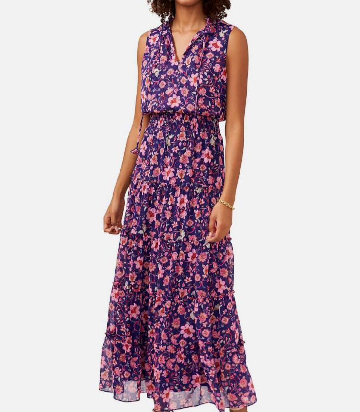 NWT MSK Womens Sleeveless V-Neck Smocked Tiered Maxi Dress Blue Floral Medium