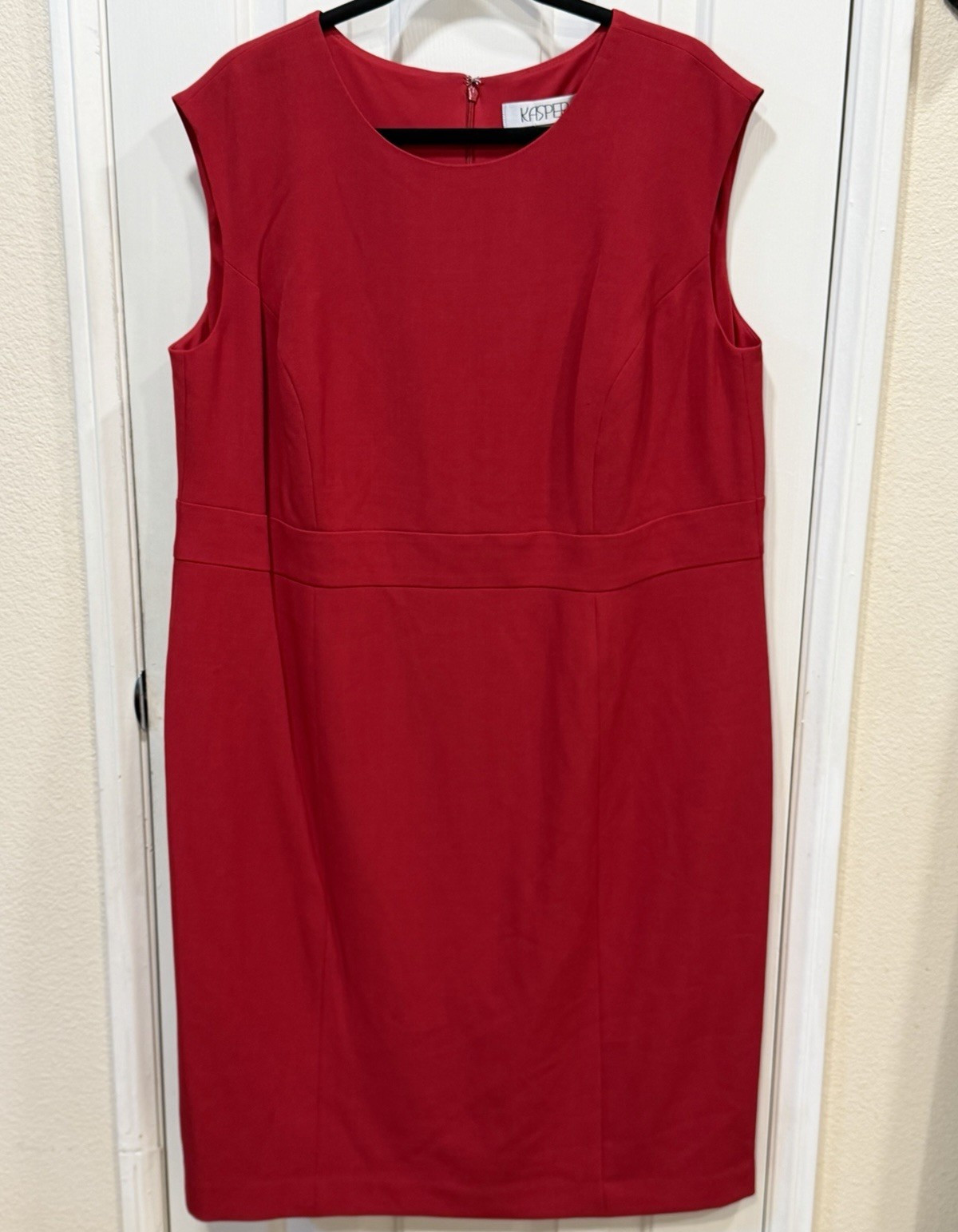 Kasper Women’s Plus 14W Fire Red Solid Round Neck Sleeveless Sheath Knee Dress