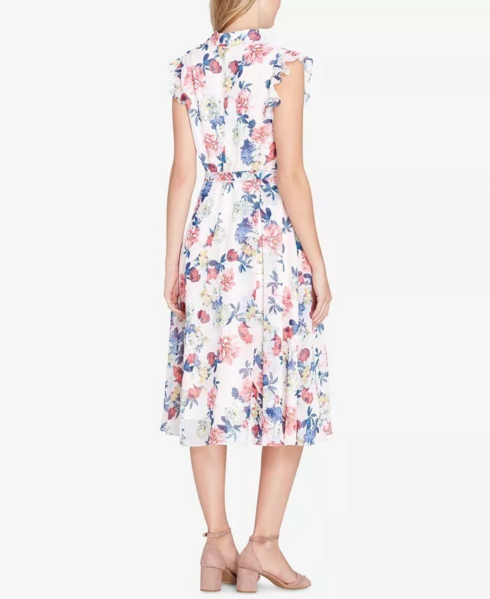 TAHARI ASL Belted Floral Print Ruffled Button A-Line Shirt Dress, 2 White