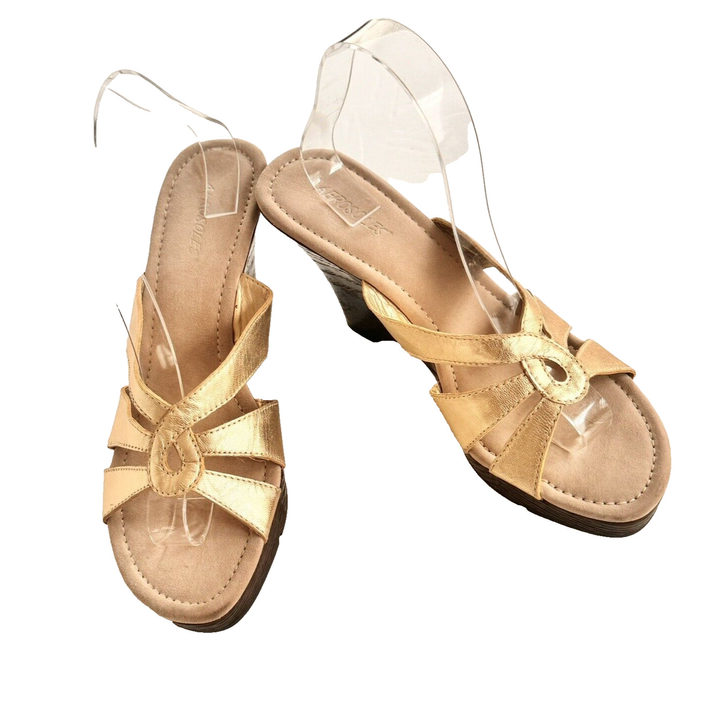 Gold Leather Aerosoles 9M Platform Wedge Comfort Sandals Slides NWOT